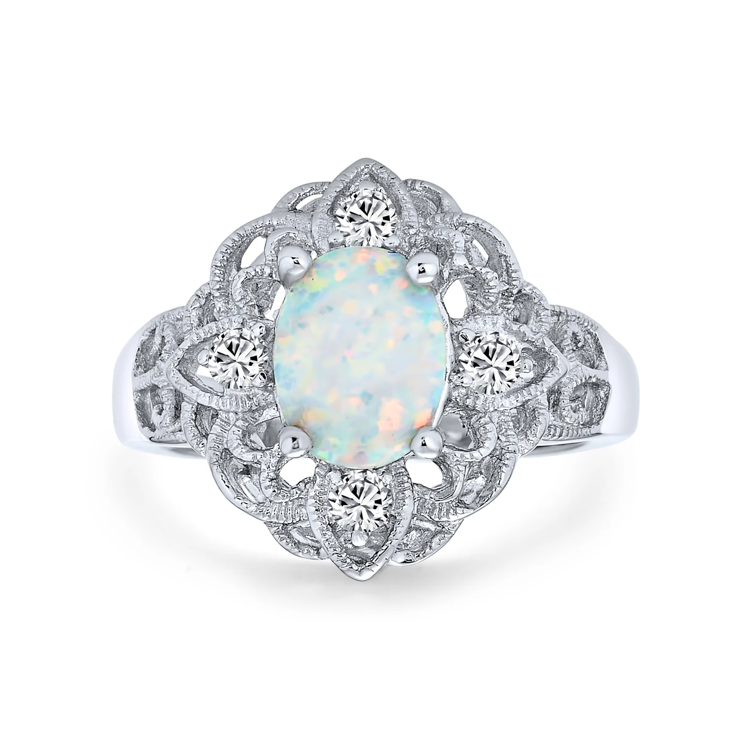 Vintage Style Oval Flower White Created Opal Full Finger Ring .925 Sterling Silver