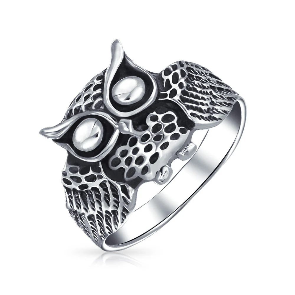 Silver Ring: Wise Bird Night Owl Band Oxidized Sterling Sterling - Image 5
