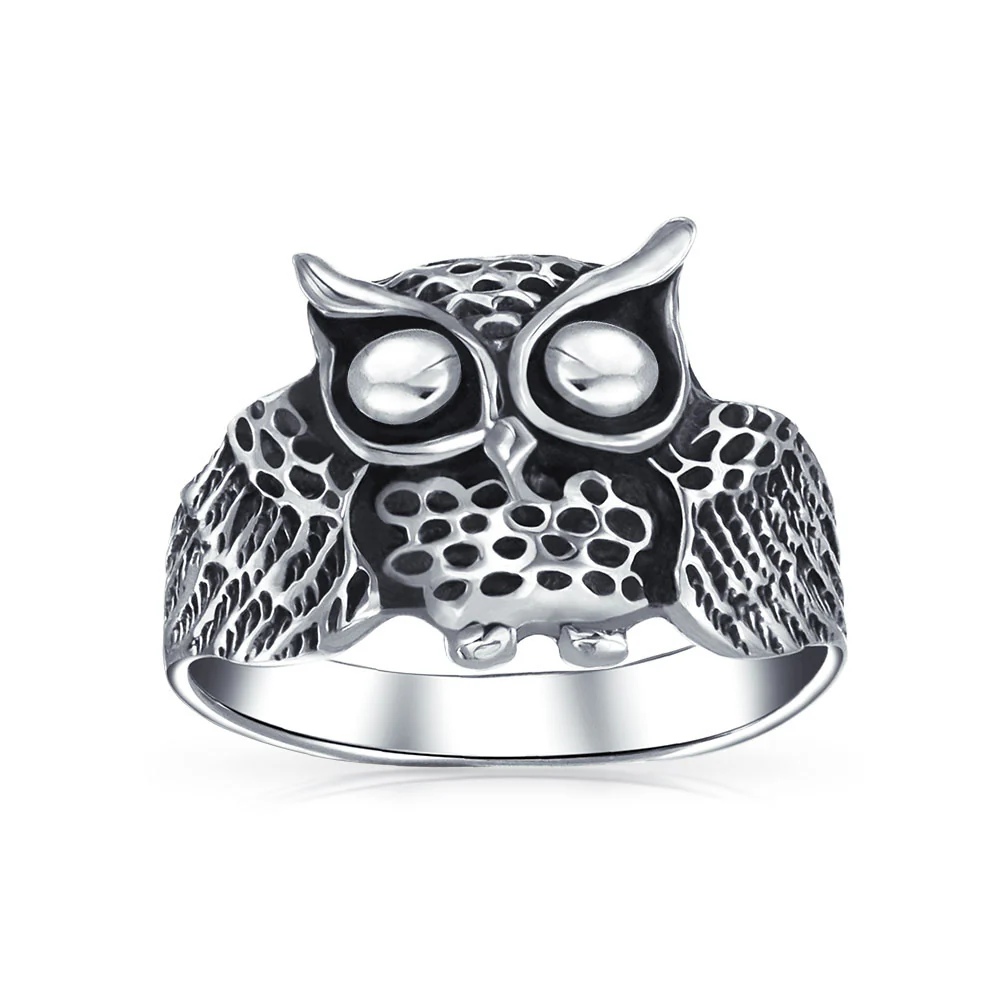 Silver Ring: Wise Bird Night Owl Band Oxidized Sterling Sterling - Image 7