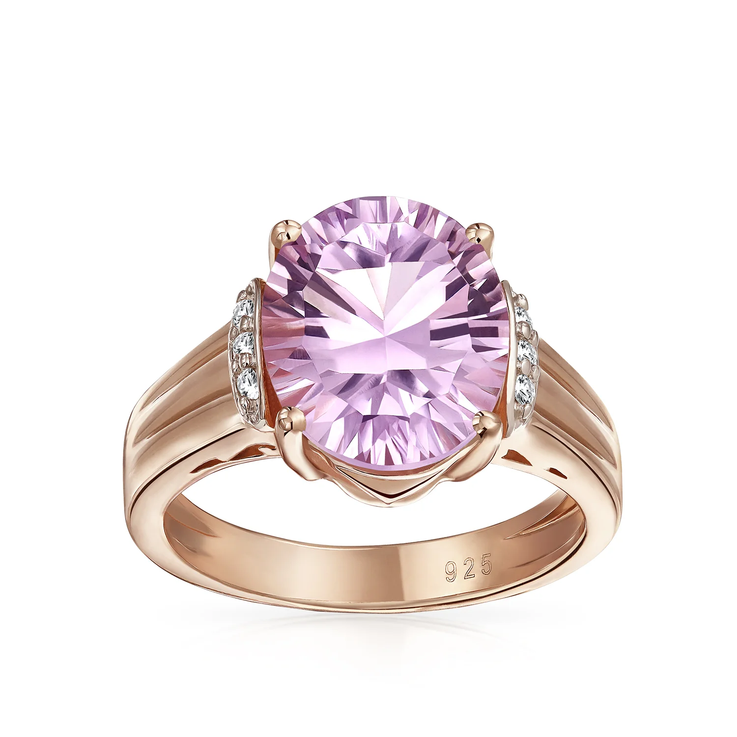 Traditional Oval 4CT Pink Amethyst Statement Ring Zircon Accent Rose Gold Vermeil Sterling Silver - Image 3