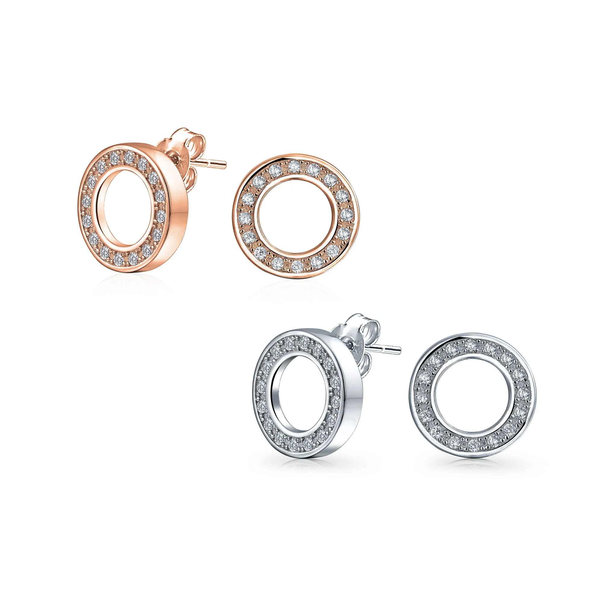 Set of 2 Open Circle Disc Pave CZ Stud Earrings Silver