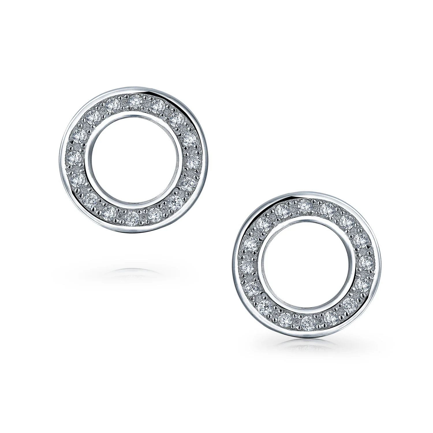 Set of 2 Open Circle Disc Pave CZ Stud Earrings Silver - Image 2