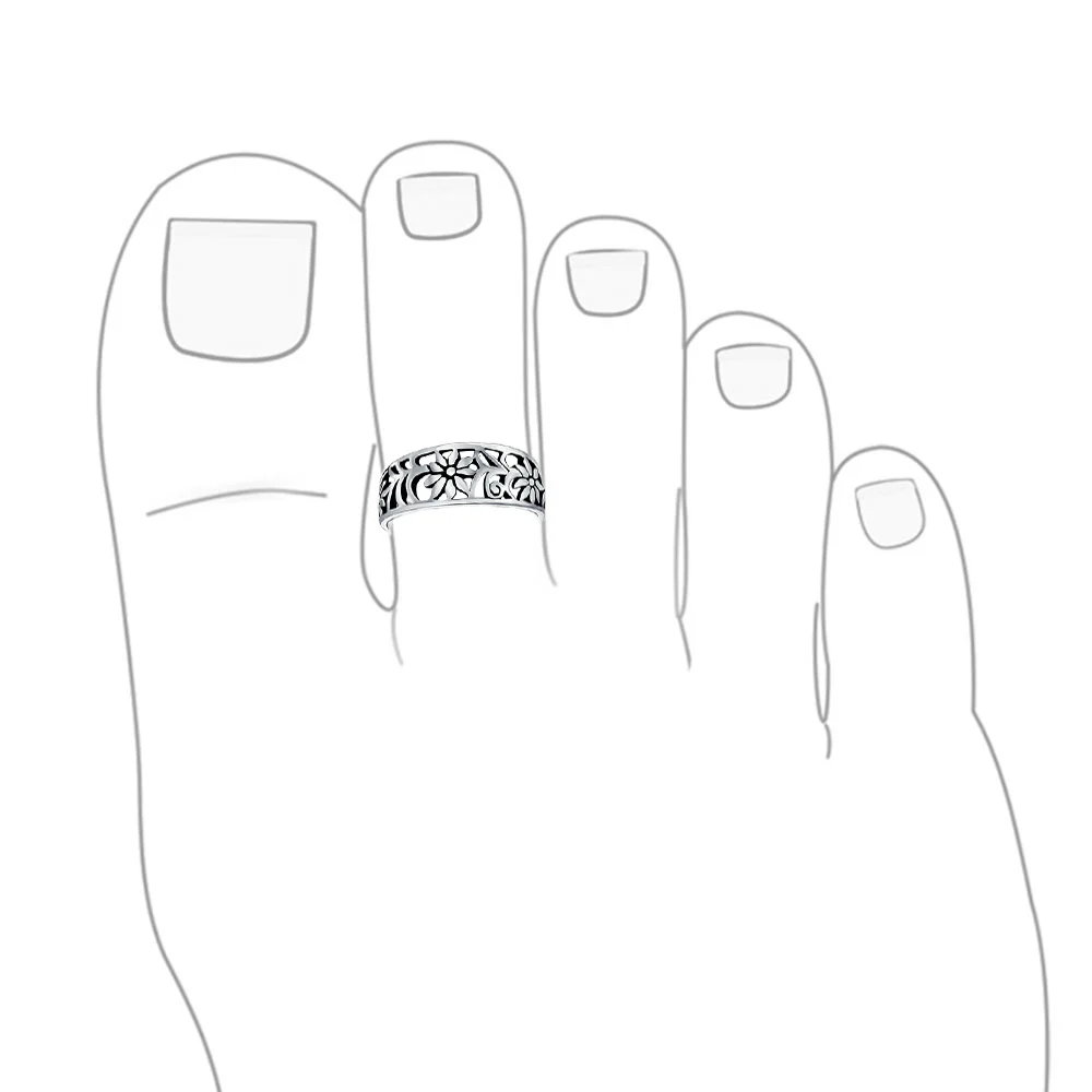 Set of 2 Flowers Vine Carved Swirl Filigree Midi Toe Ring Sterling Silver - Image 5