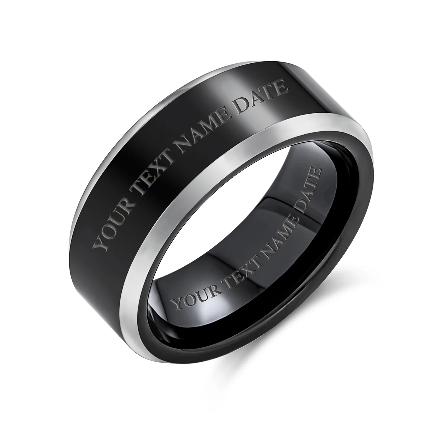Classic Black Titanium Wedding Band Ring Two Tone Beveled Edge Comfort Fit 8MM - Image 3