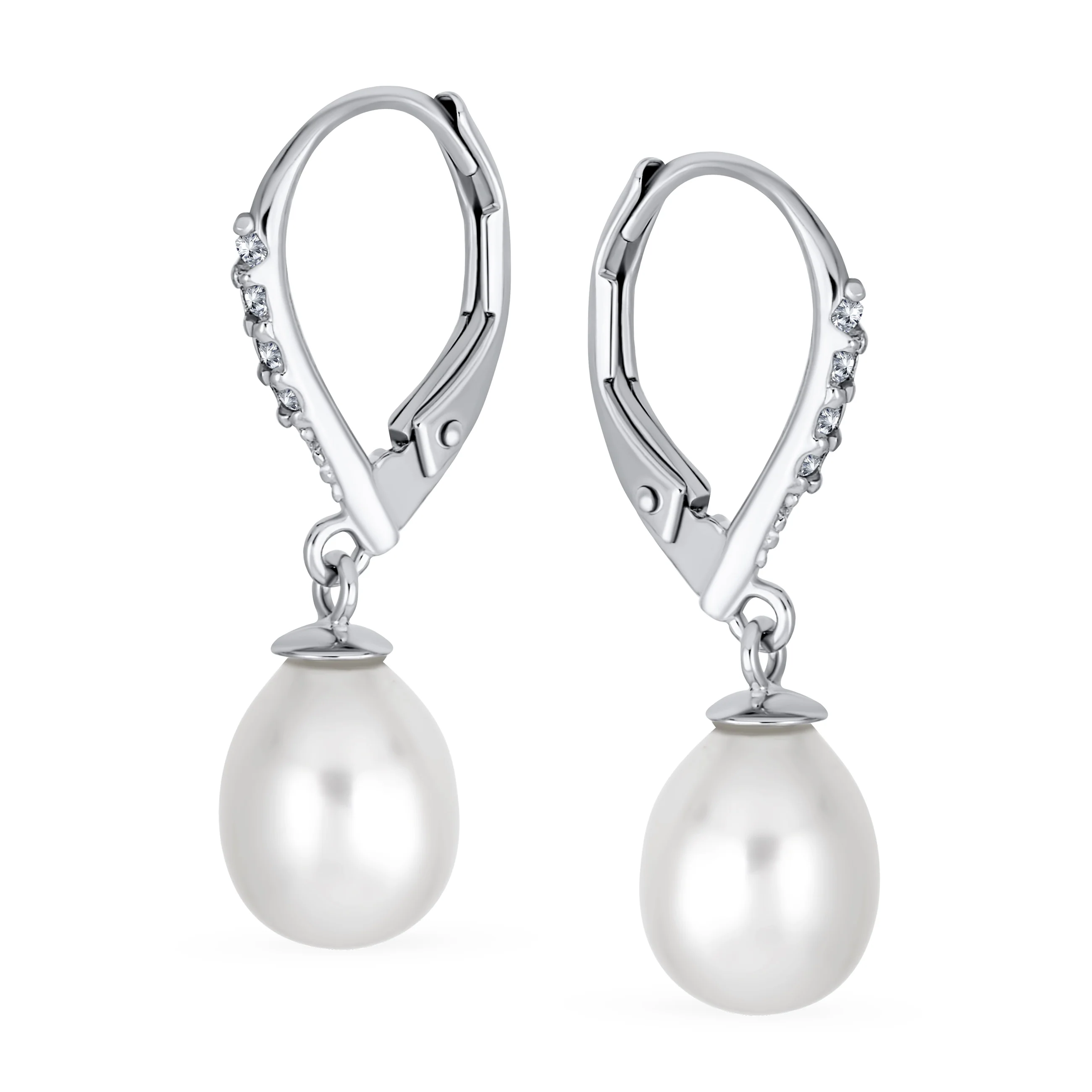 Simple Bridal CZ Pearl Teardrop Dangle Earrings Sterling Silver Leverback - Image 2