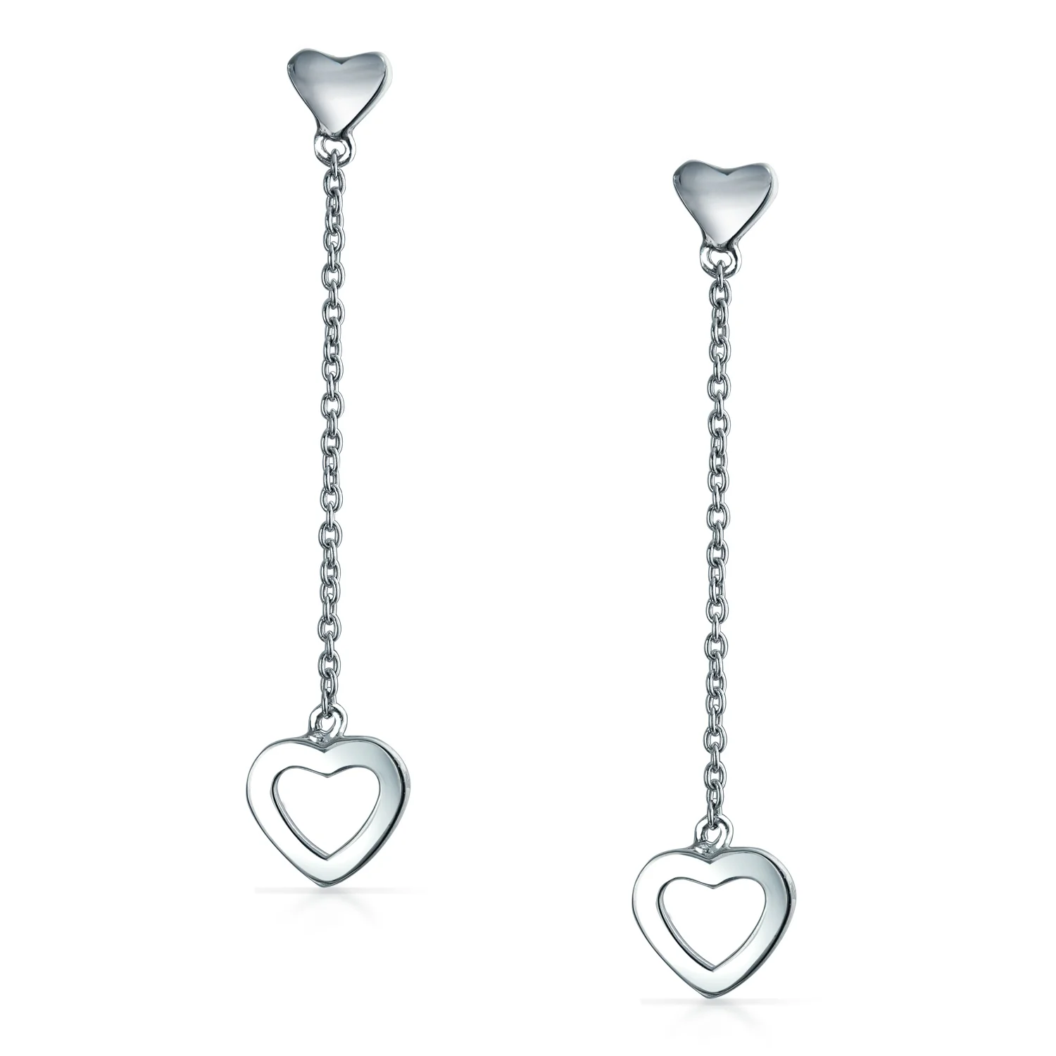 Romantic Simple Chain Long Linear Open Hearts Dangle Earrings Lightweight Sterling Silver - Image 2