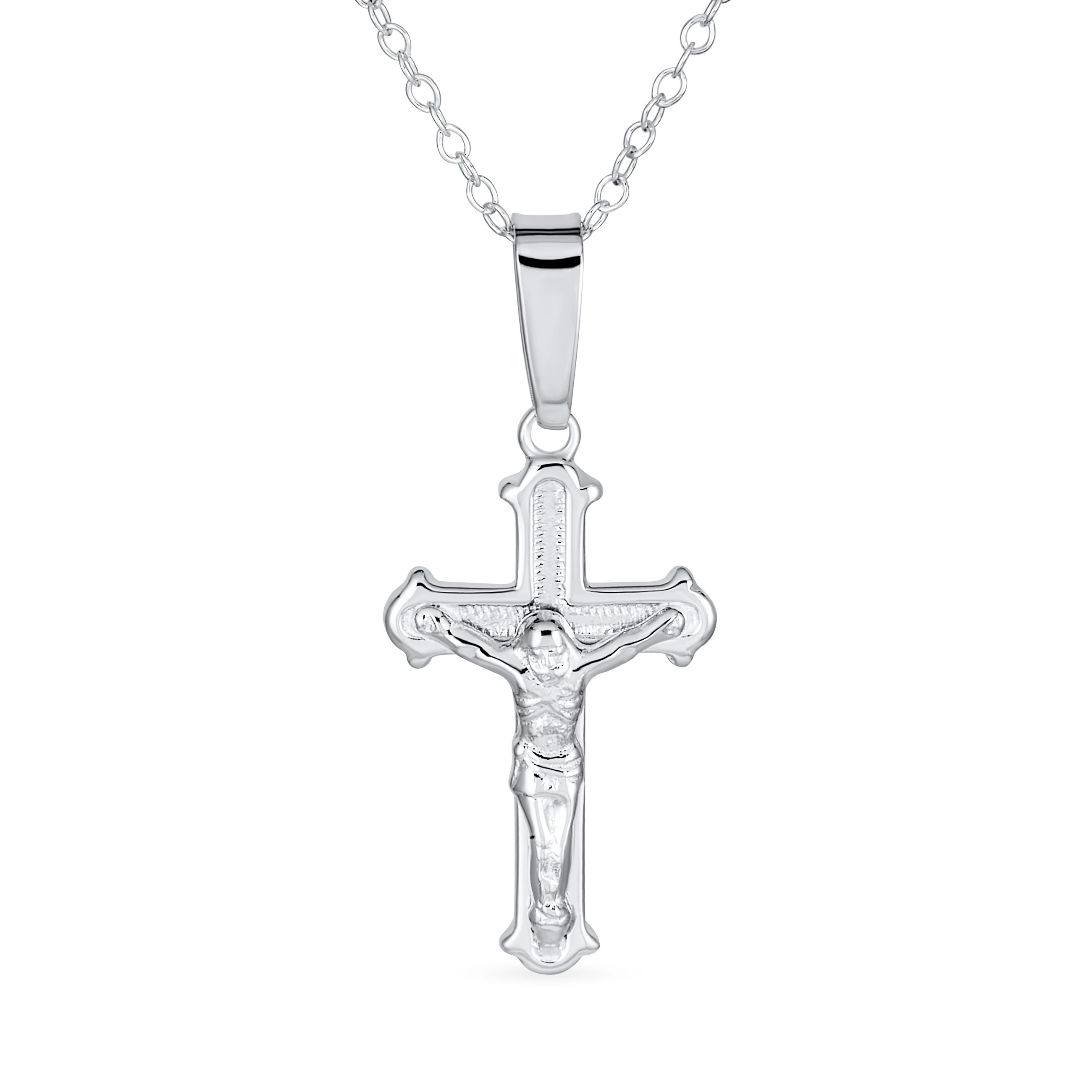 Simple Christian Catholic Pendant Necklace Jesus Crucifix Cross Silver Chain