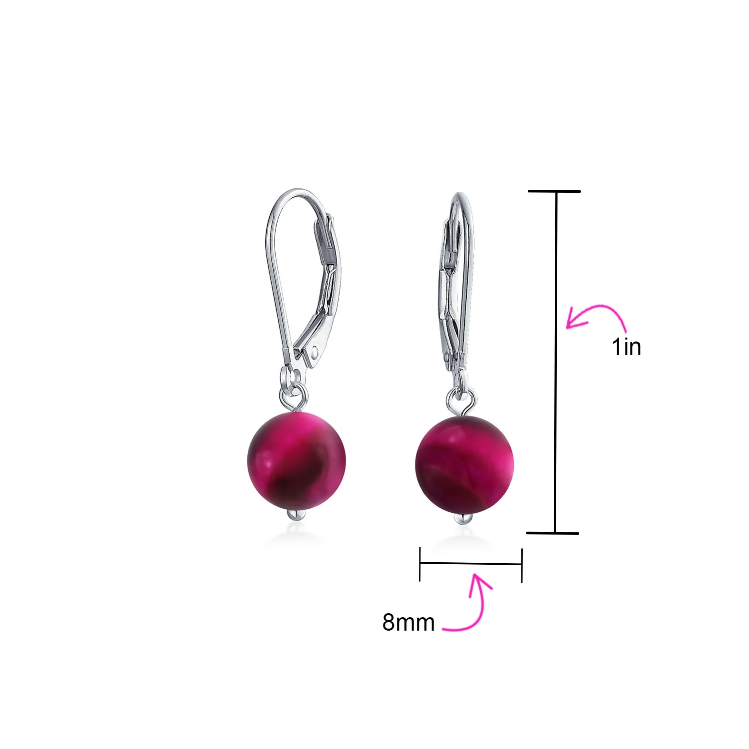 Simple Gemstone 8MM Drop Ball Earrings Secure Hinge Lever Back Sterling Silver - Image 58