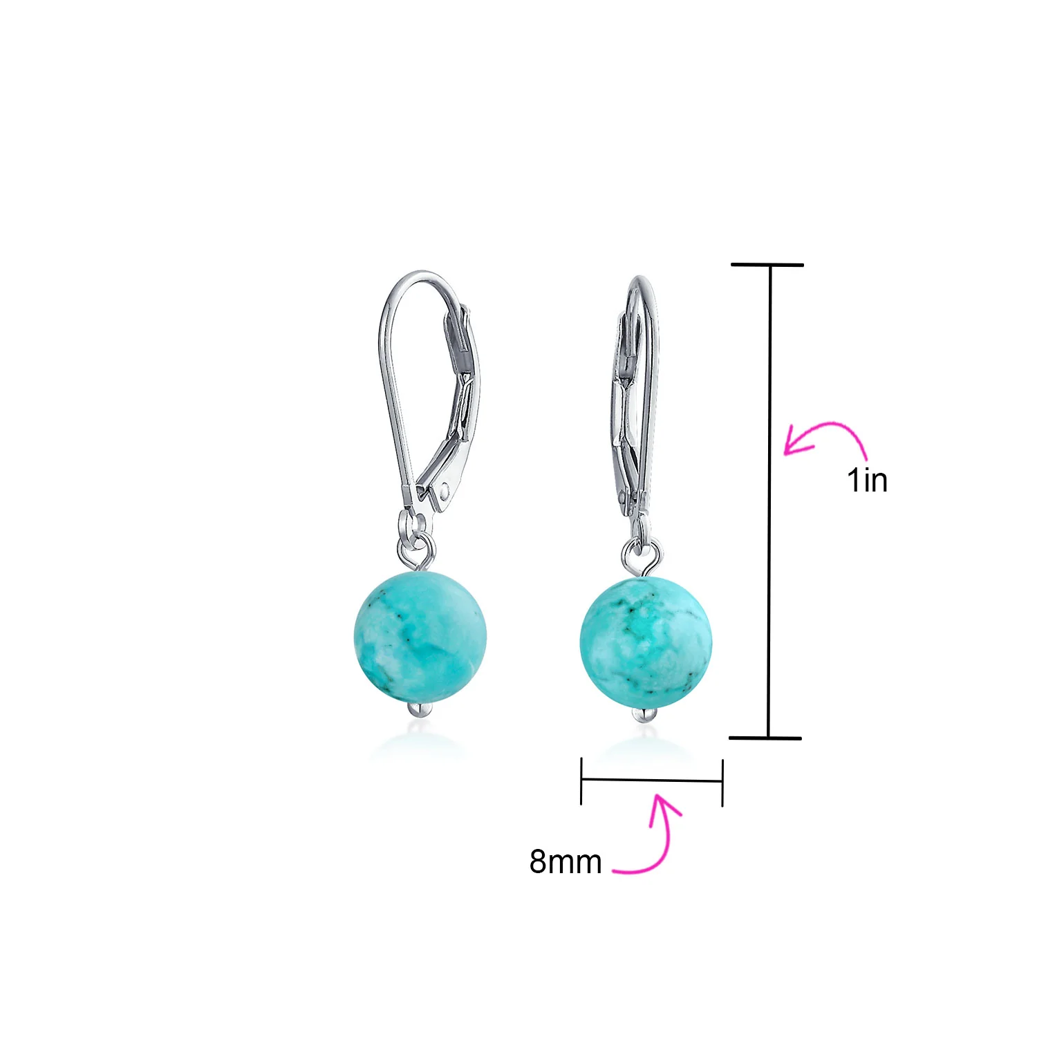 Simple Gemstone 8MM Drop Ball Earrings Secure Hinge Lever Back Sterling Silver - Image 68