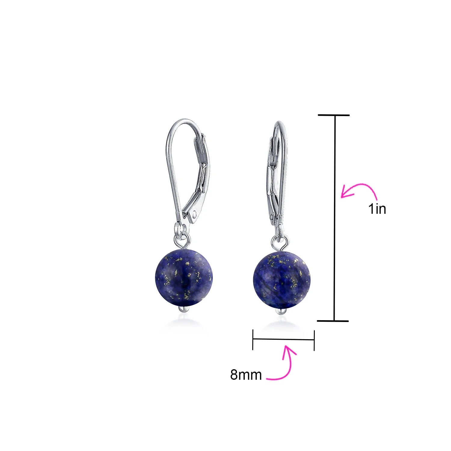 Simple Gemstone 8MM Drop Ball Earrings Secure Hinge Lever Back Sterling Silver - Image 69