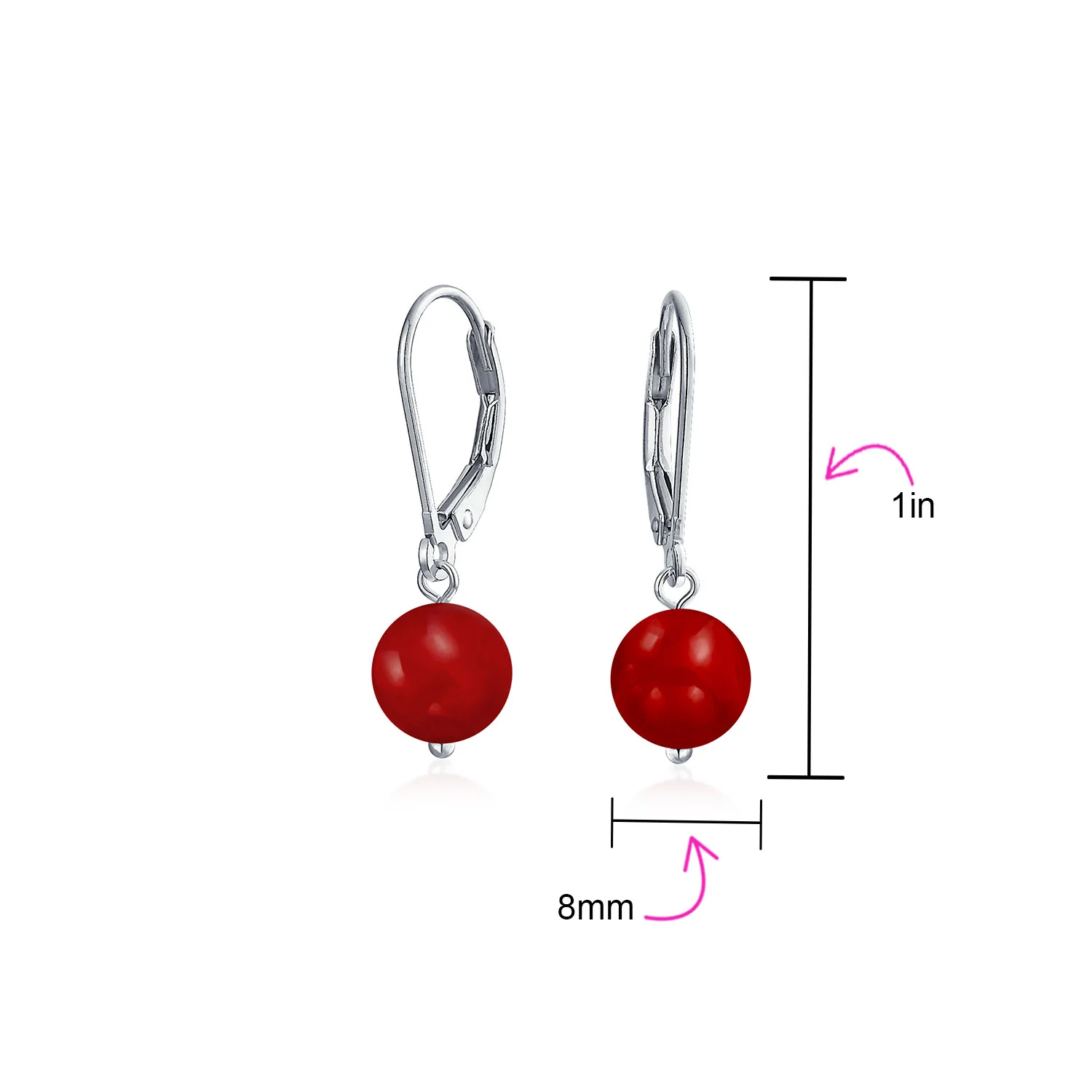 Simple Gemstone 8MM Drop Ball Earrings Secure Hinge Lever Back Sterling Silver - Image 70