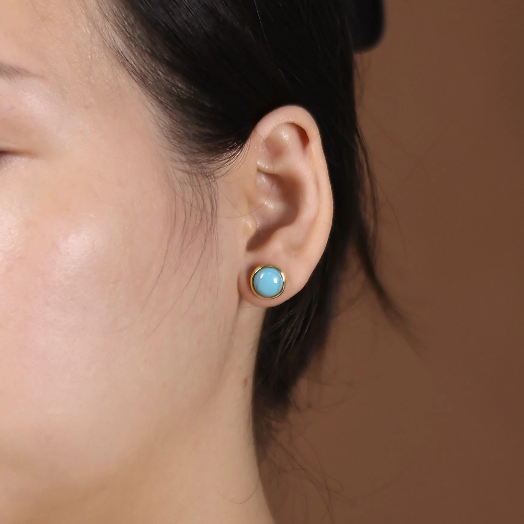 Turquoise Bezel Set Round Dome Button Stud Earrings Gold Plated Sterling Silver - Image 11