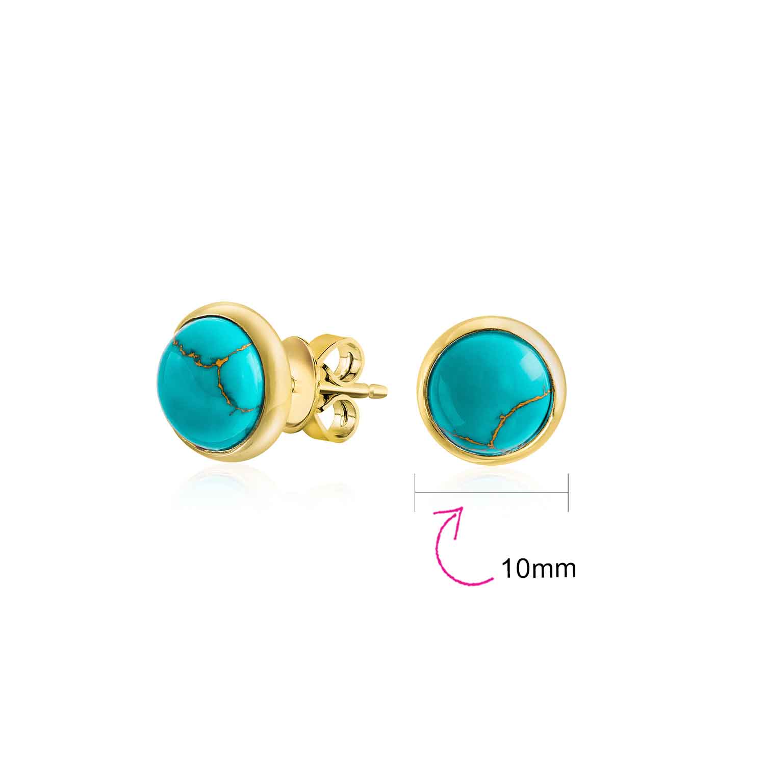 Turquoise Bezel Set Round Dome Button Stud Earrings Gold Plated Sterling Silver - Image 16