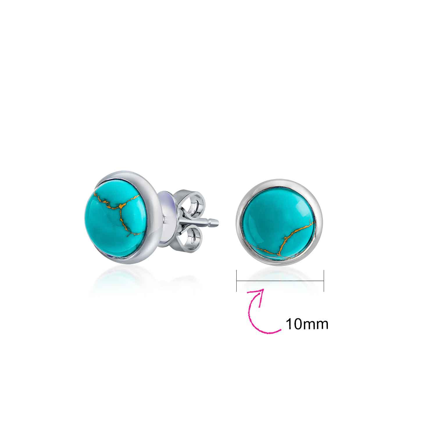Turquoise Bezel Set Round Dome Button Stud Earrings Gold Plated Sterling Silver - Image 17