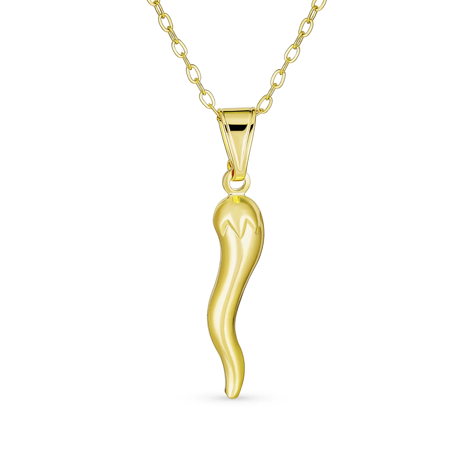 Simple Italian Chili Pepper Horn Amulet Pendant Necklace Gold Plated 18" Chain