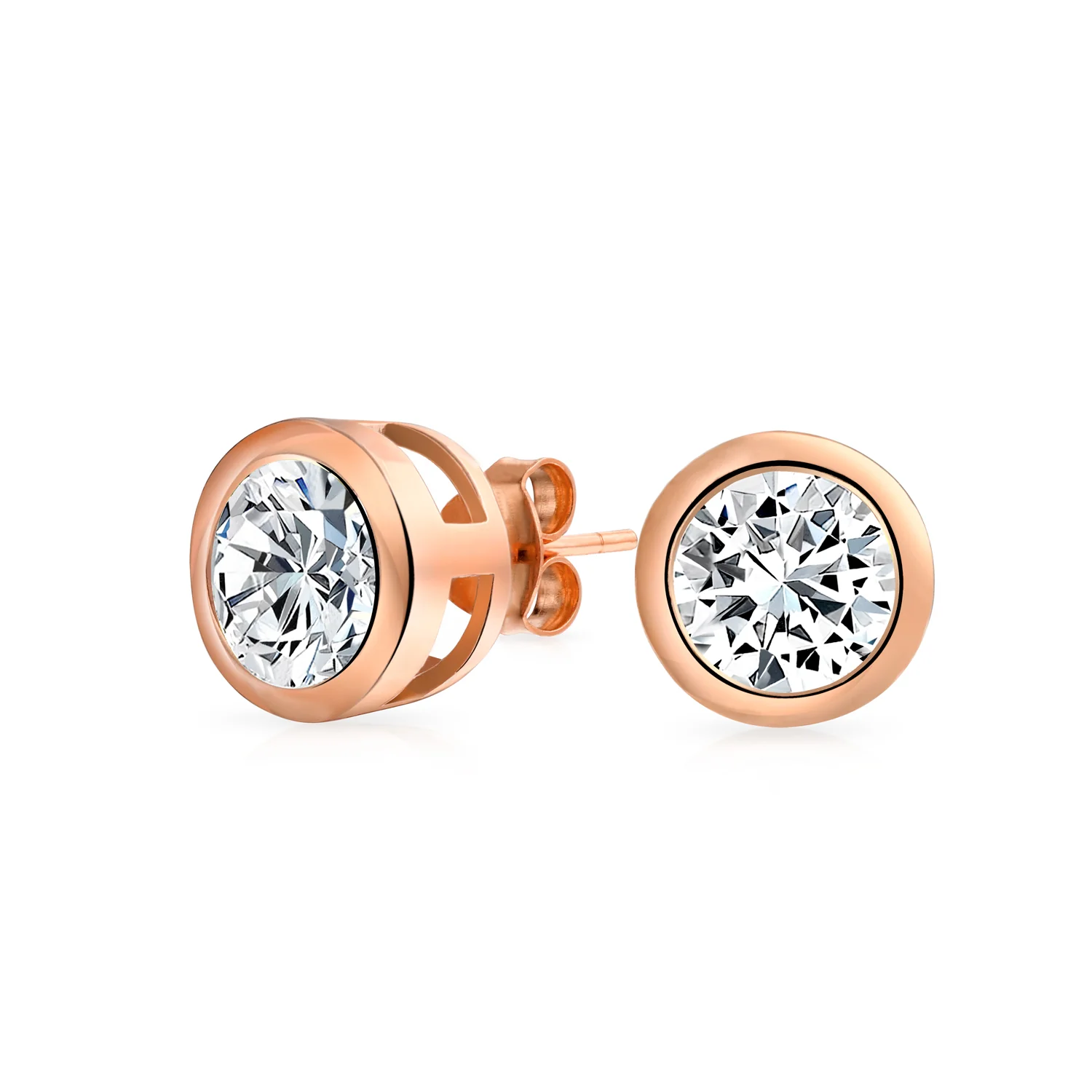 Simple Martini Bezel Set CZ Stud Earrings Rose Gold Sterling Silver 5-9MM - Image 7