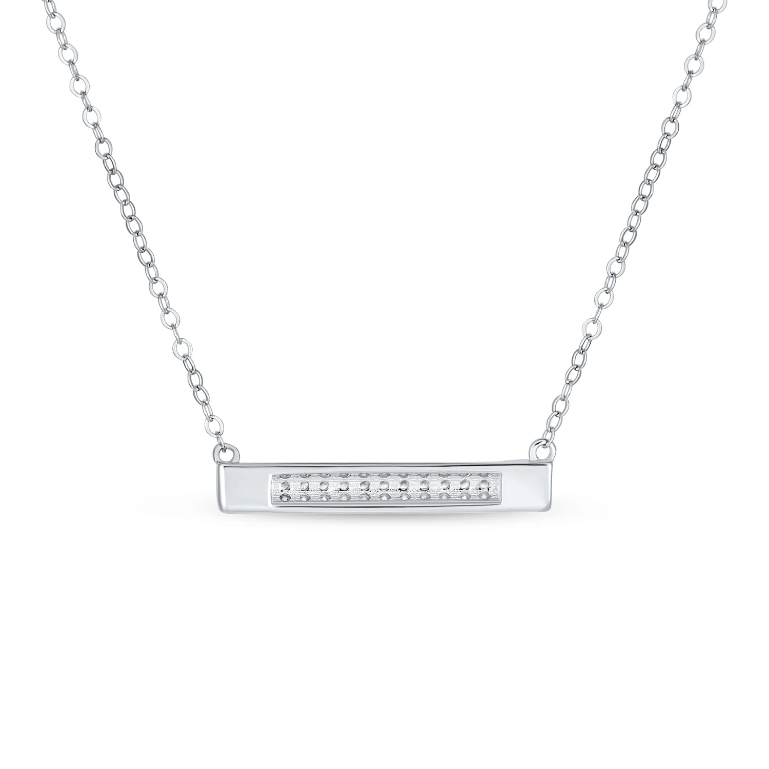 Simple Modern CZ Round Bar Sideways Pendant Necklace in Sterling Silver - Image 2