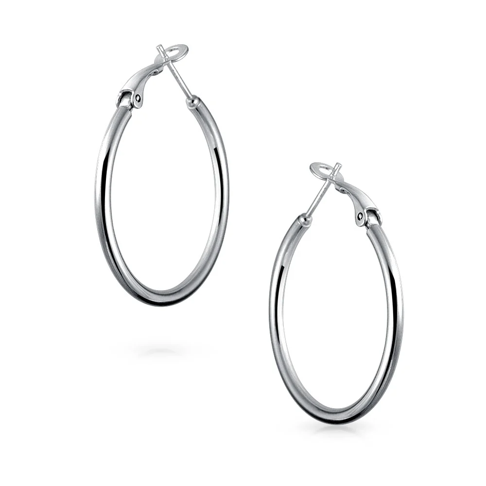 Simple Polished Hoop Huggie Earrings SterlingSilver 1.4 Inch - Image 3