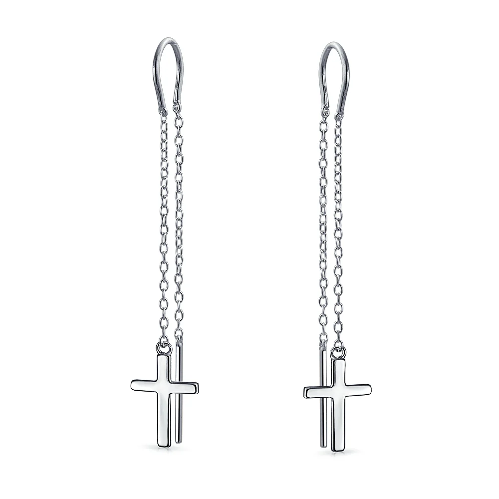 Long Chain Dangle Spiritual Religious Cross Threader Earrings Sterling Silver - Image 2