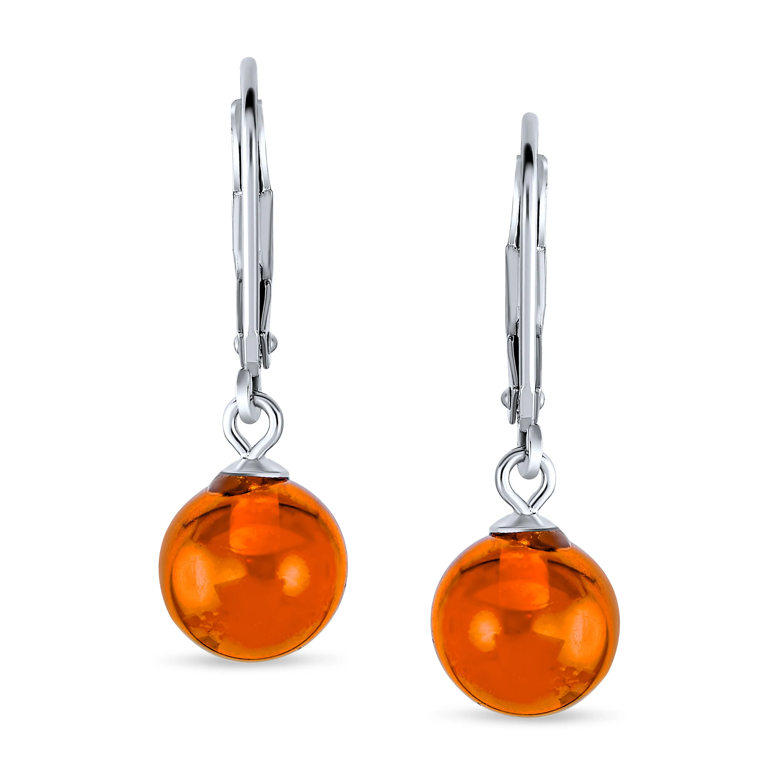 Simple Round Gemstone Lemon Yellow Amber Drop Ball Earrings Sterling Silver - Image 3