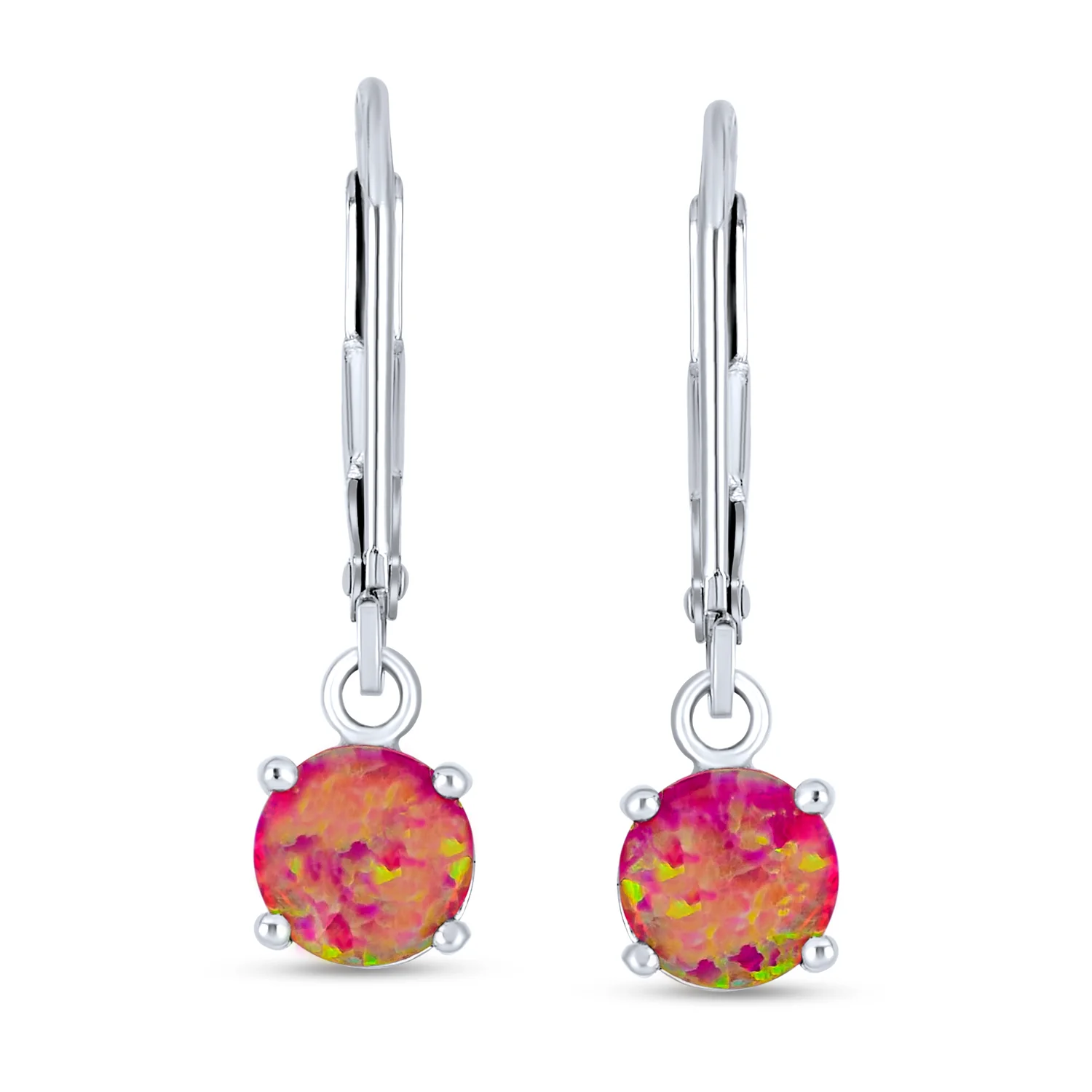 Simple Solitaire Pink Created Opal Dangle Gemstone Earrings in Sterling Silver - Image 2