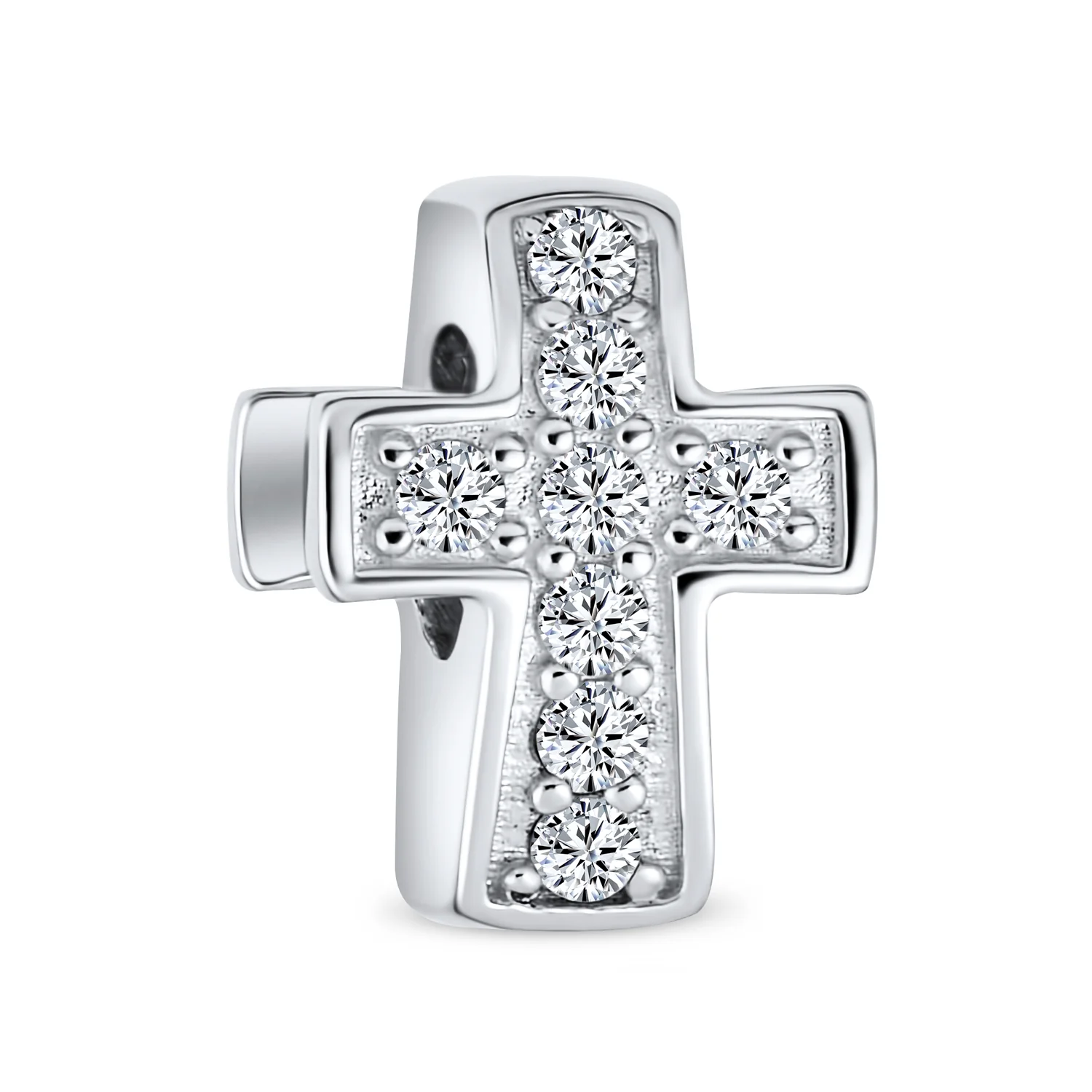 Simple Sparkling CZ Cross Charm Bead Communion & Weddings Sterling Silver Fit