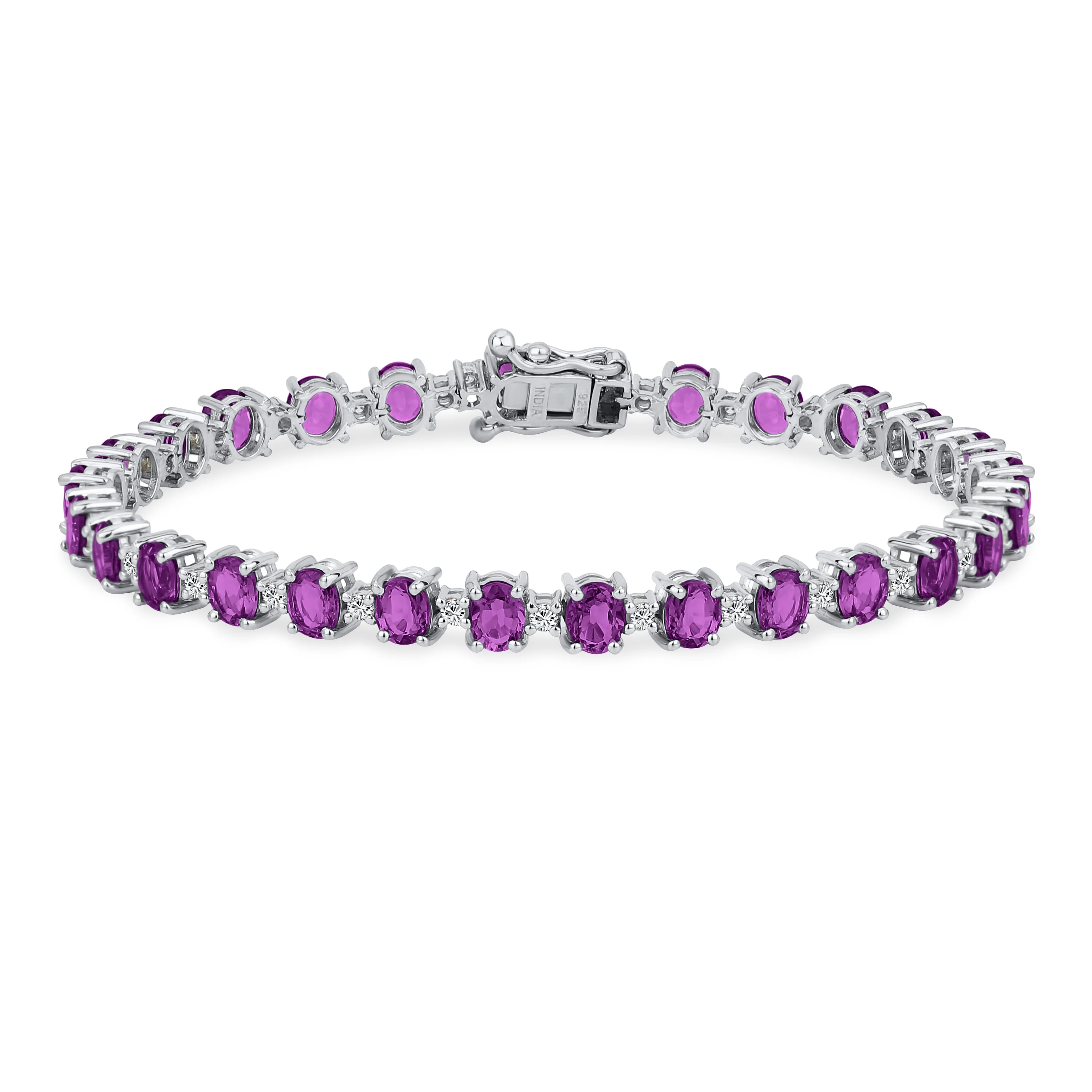 Alternating Oval Purple Amethyst & Zircon Strand Tennis Bracelet .925 Sterling Silver 7.25"