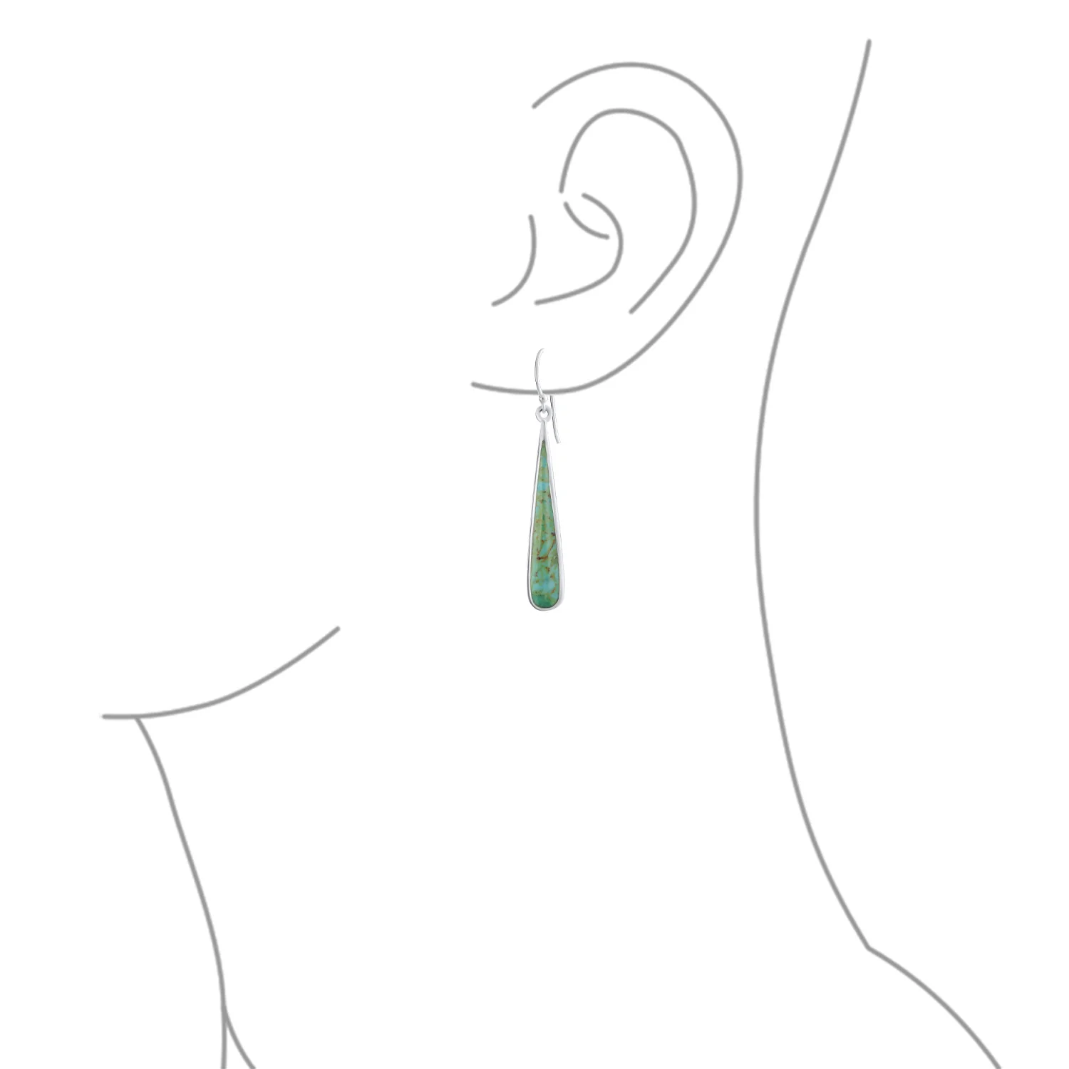 Simple Green Agate Inlay Long Flat Teardrop Shaped Dangle Earrings .925 Sterling Silver - Image 13