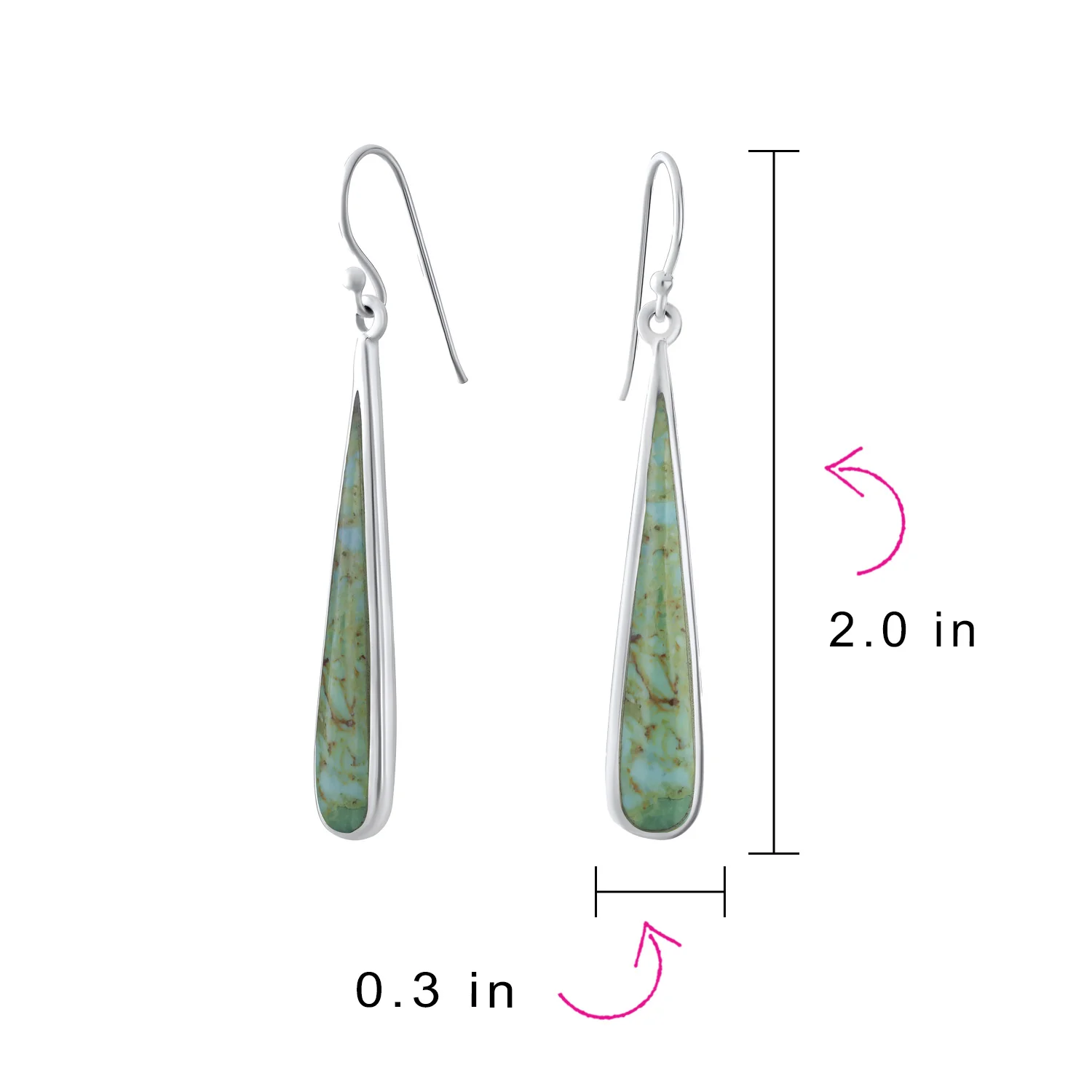 Simple Green Agate Inlay Long Flat Teardrop Shaped Dangle Earrings .925 Sterling Silver - Image 19