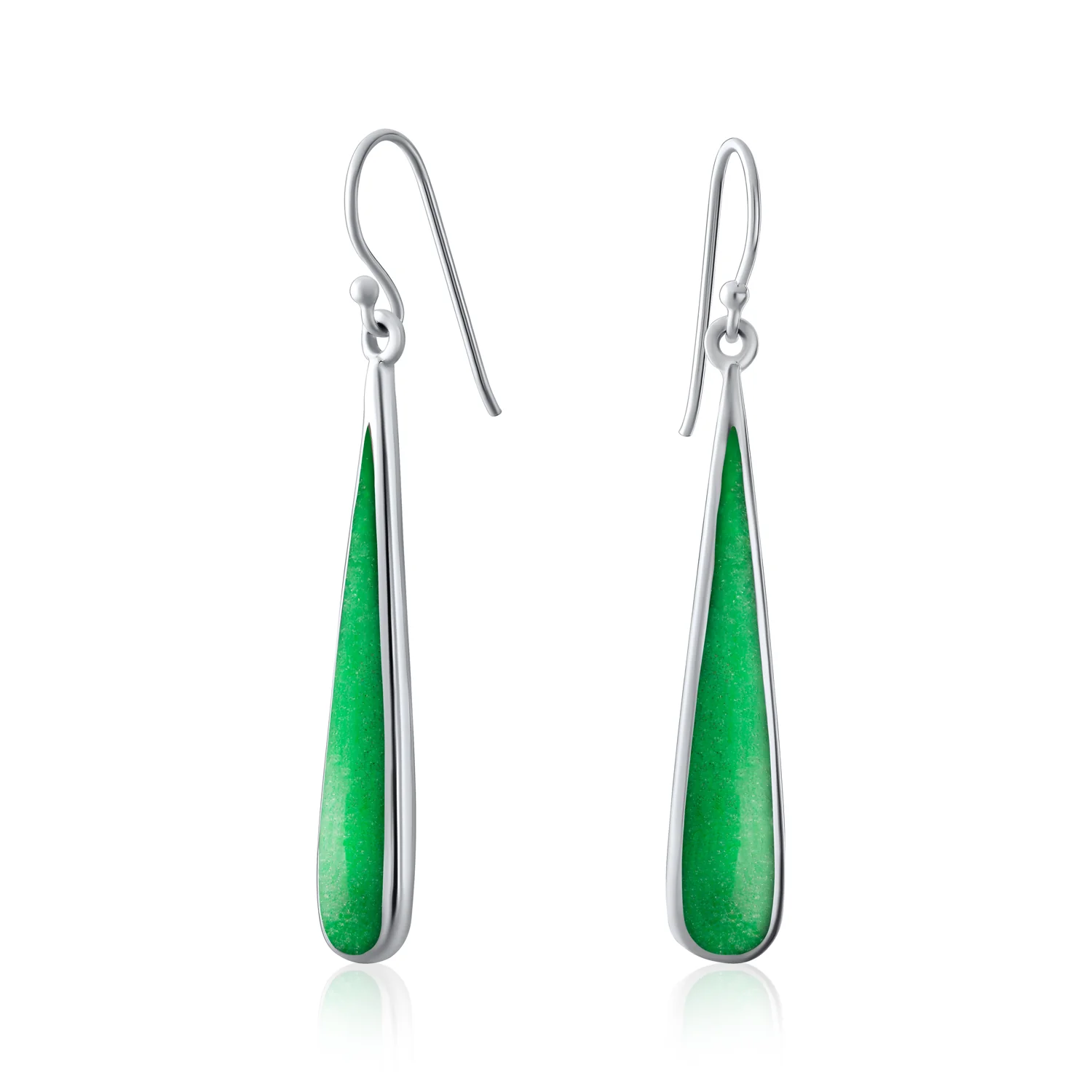 Simple Green Agate Inlay Long Flat Teardrop Shaped Dangle Earrings .925 Sterling Silver - Image 2