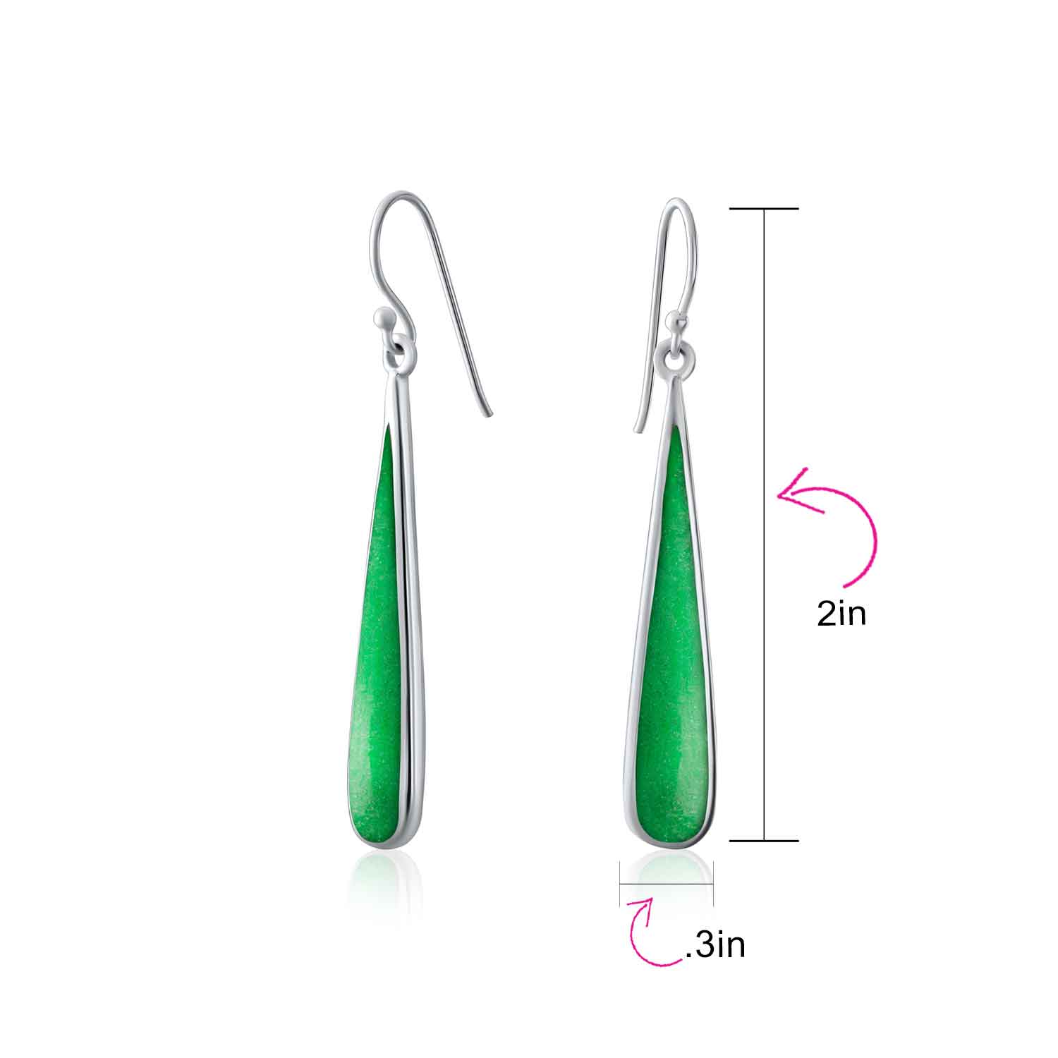 Simple Green Agate Inlay Long Flat Teardrop Shaped Dangle Earrings .925 Sterling Silver - Image 20