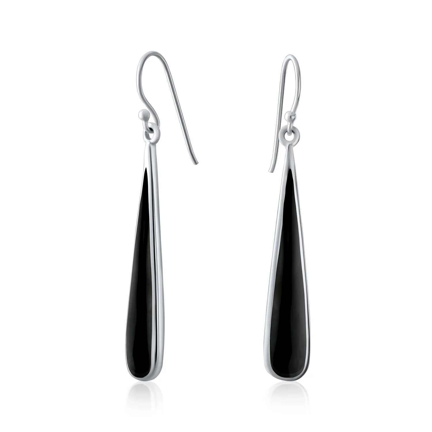 Simple Green Agate Inlay Long Flat Teardrop Shaped Dangle Earrings .925 Sterling Silver - Image 4