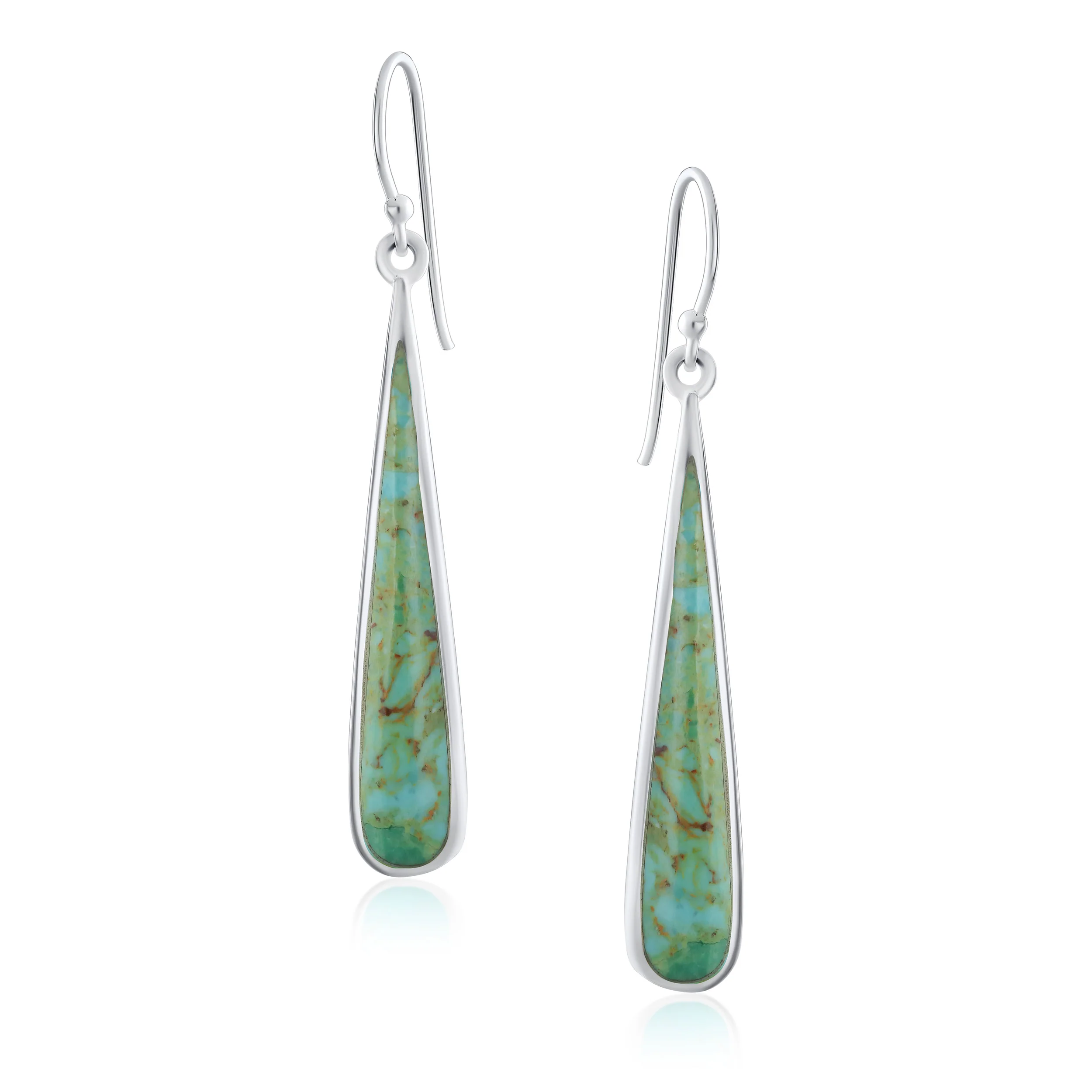 Simple Green Agate Inlay Long Flat Teardrop Shaped Dangle Earrings .925 Sterling Silver - Image 7