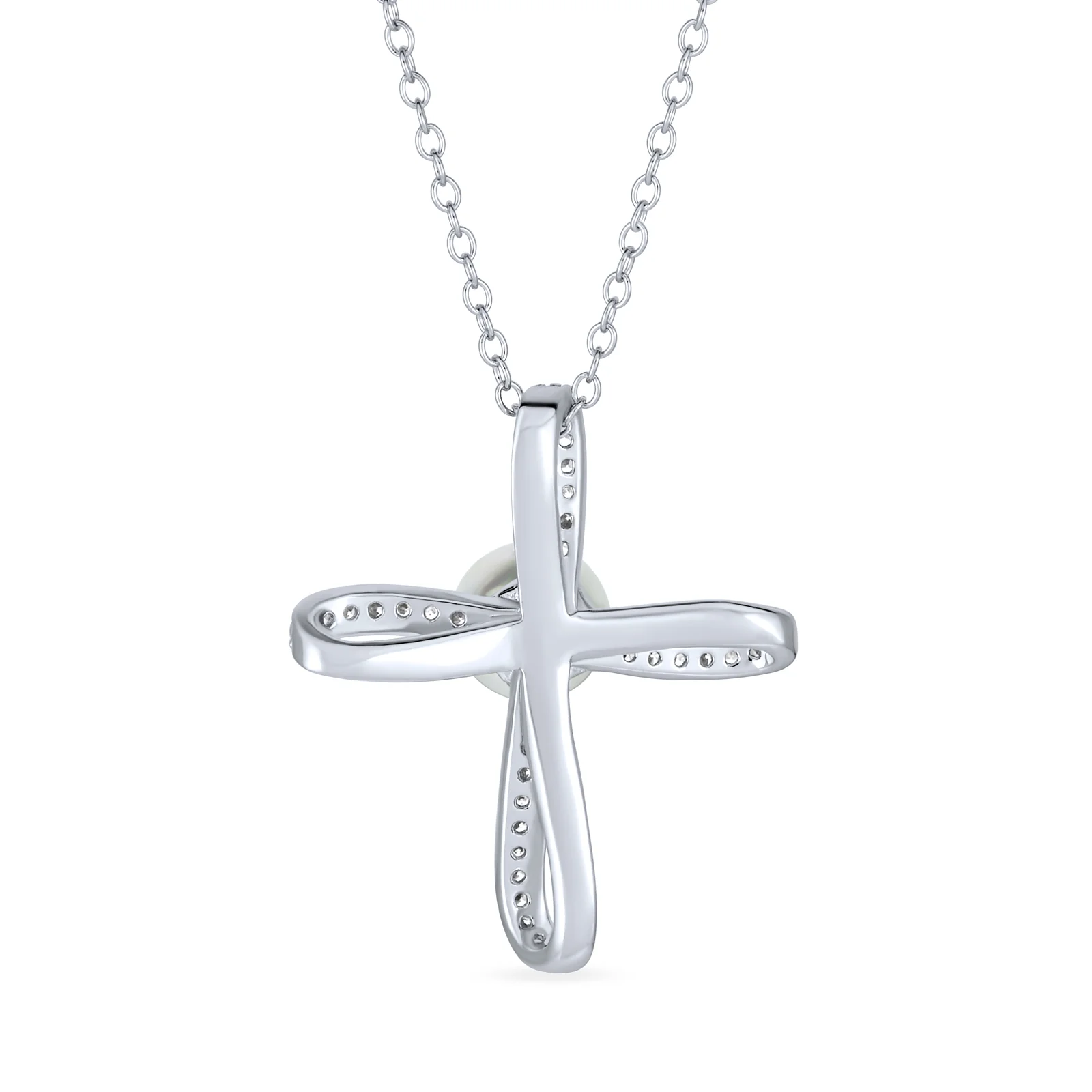 Simulated White Pearl Infinity Cross Necklace & Pearl Stud Earrings Jewelry Set Sterling Silver - Image 4