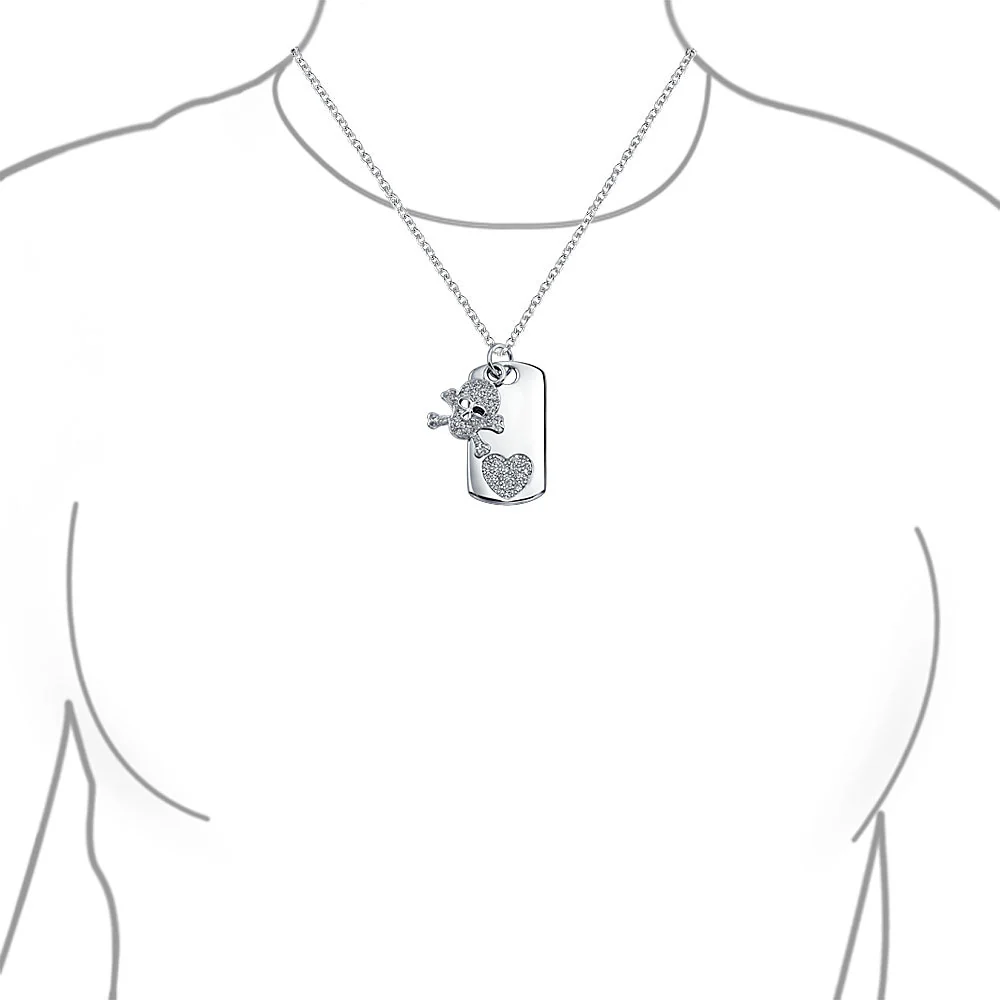 Skull Heart Crossbones Pirate CZ Dog Tag Pendant Necklace Silver Plated Brass - Image 2