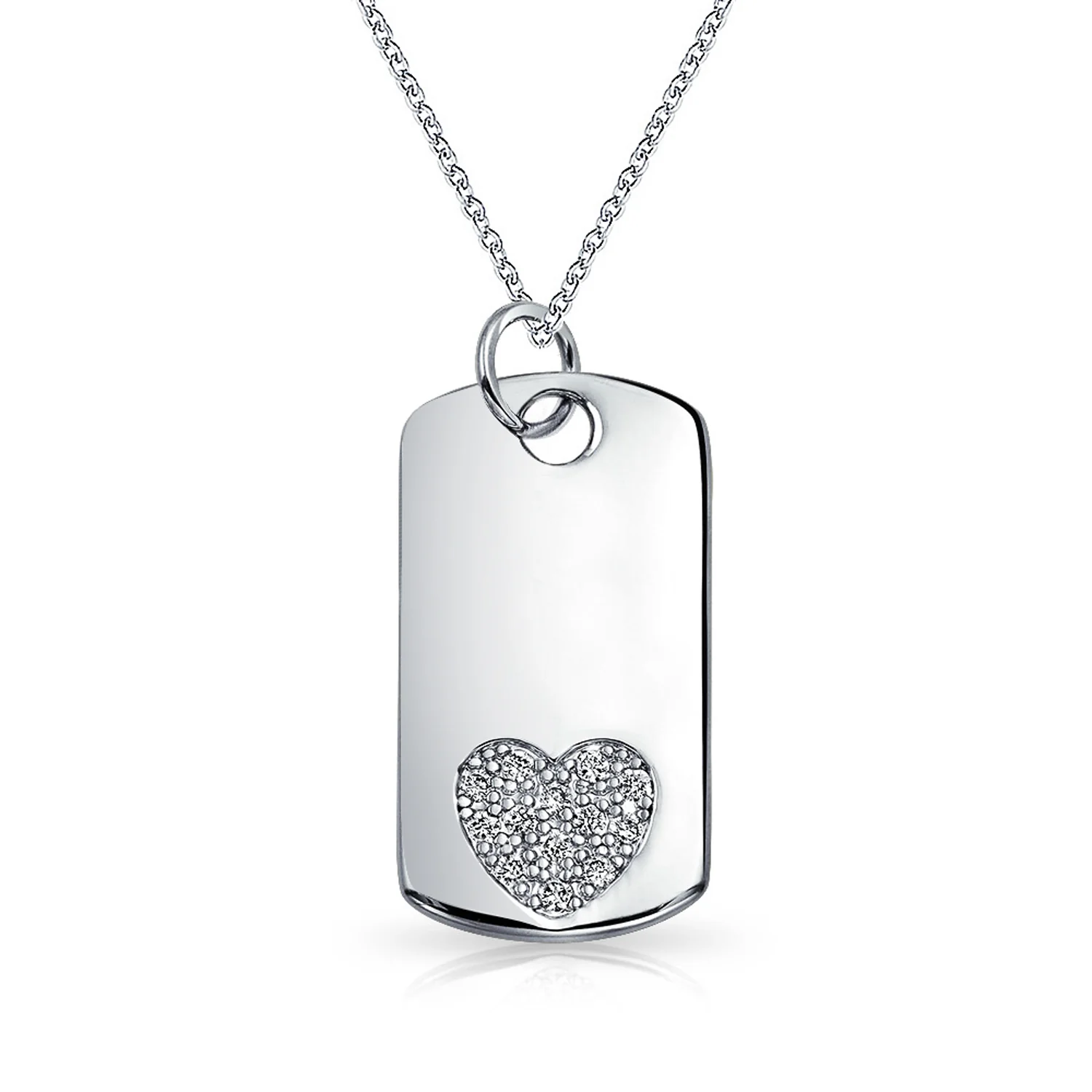 Skull Heart Crossbones Pirate CZ Dog Tag Pendant Necklace Silver Plated Brass - Image 5