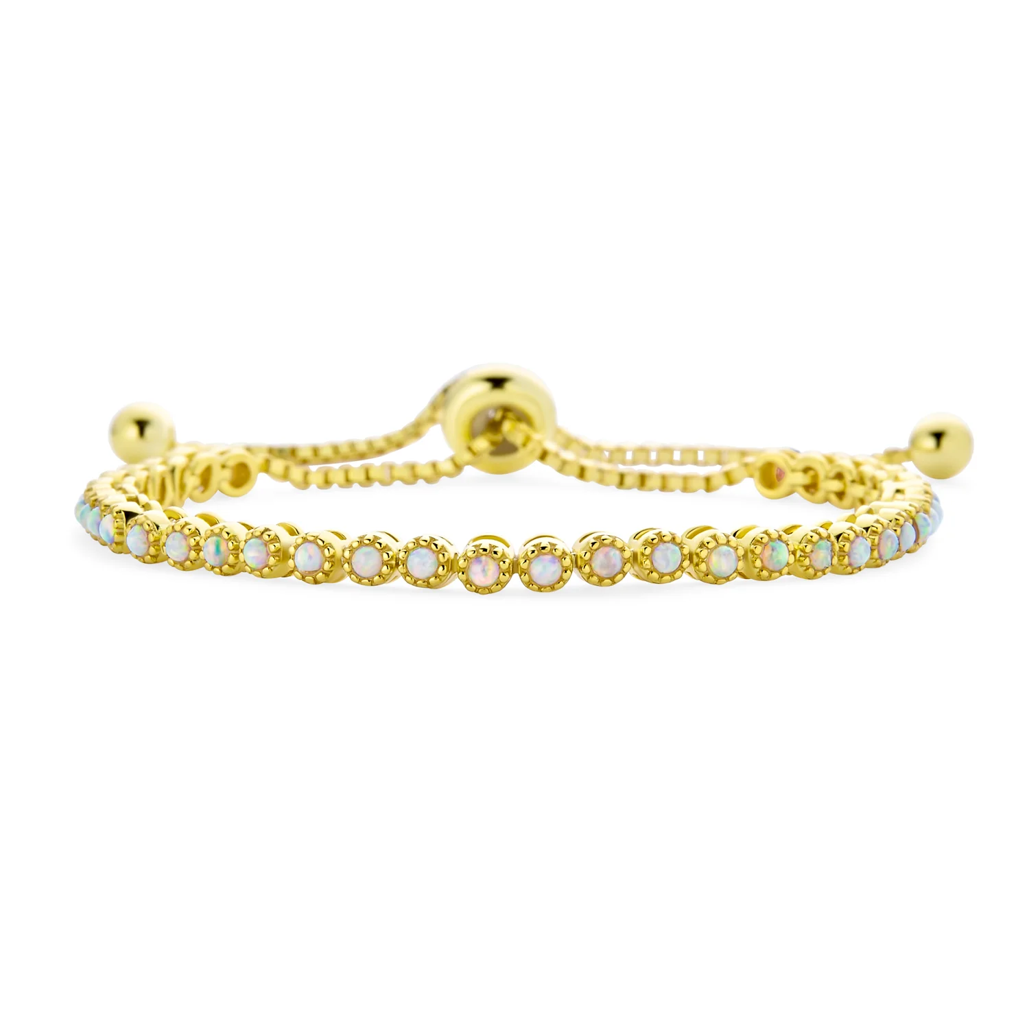 Milgrain Bezel Created Opal Tennis Bolo Bracelet 14K Gold Plated .925 Sterling Silver - Image 2