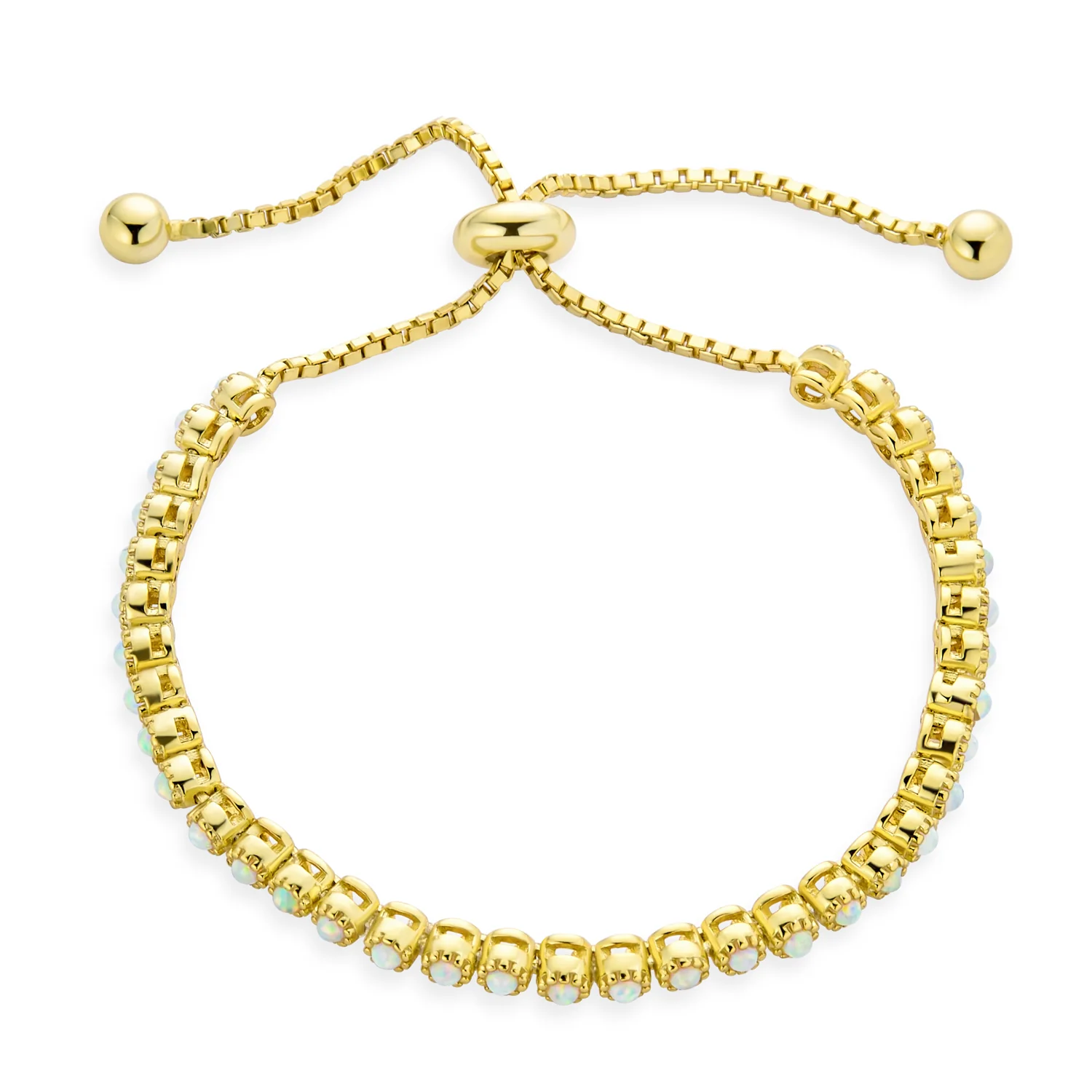 Milgrain Bezel Created Opal Tennis Bolo Bracelet 14K Gold Plated .925 Sterling Silver - Image 4