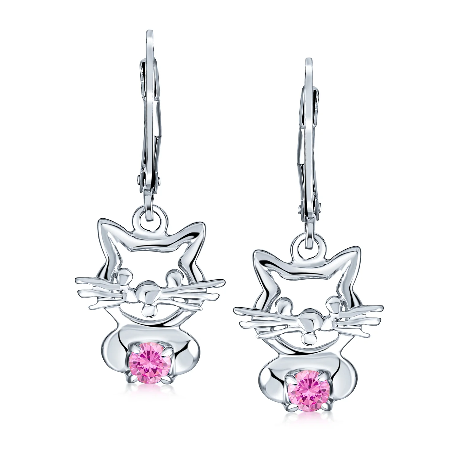 Small Kitty Kitten Animal Pet Blue CZ Accent Dangle Cat Earrings Sterling Silver - Image 3