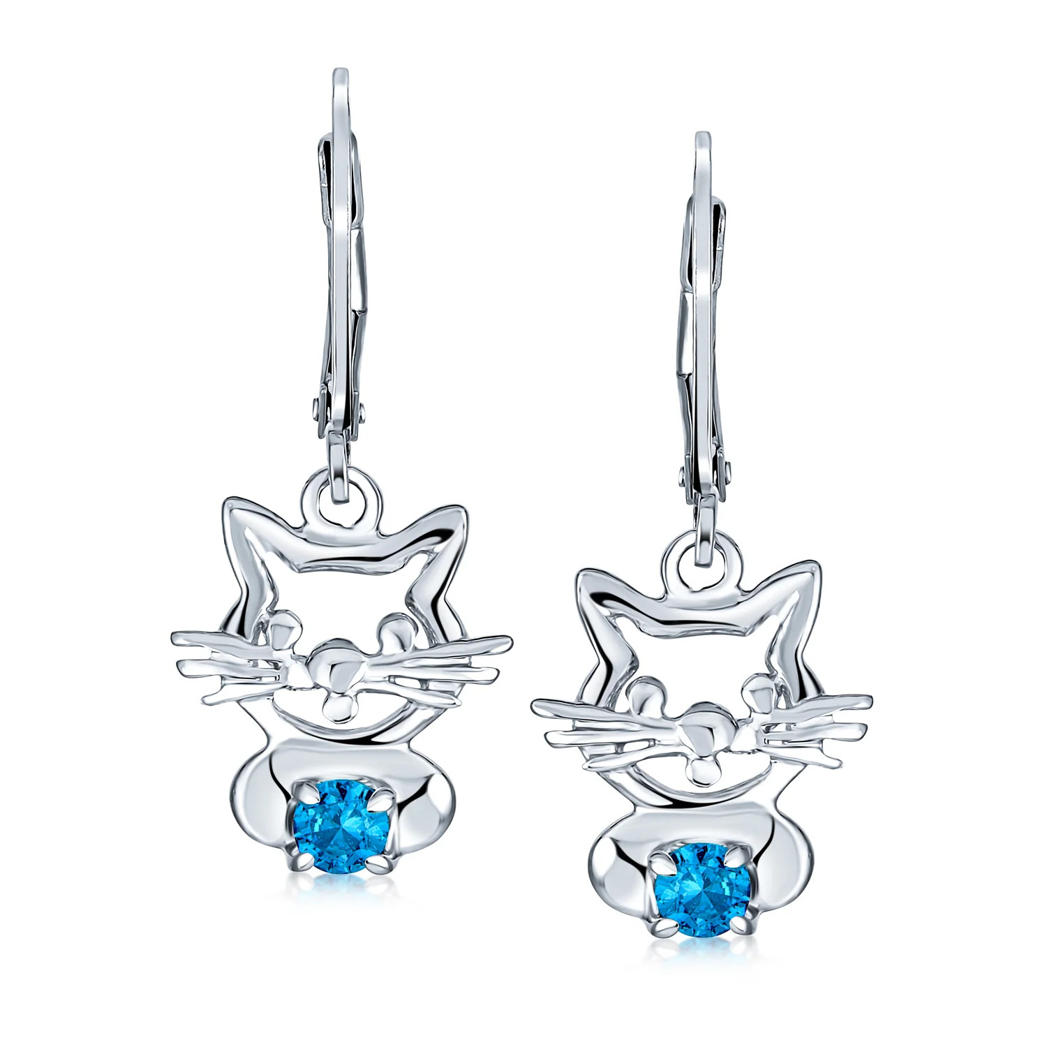 Small Kitty Kitten Animal Pet Blue CZ Accent Dangle Cat Earrings Sterling Silver - Image 4