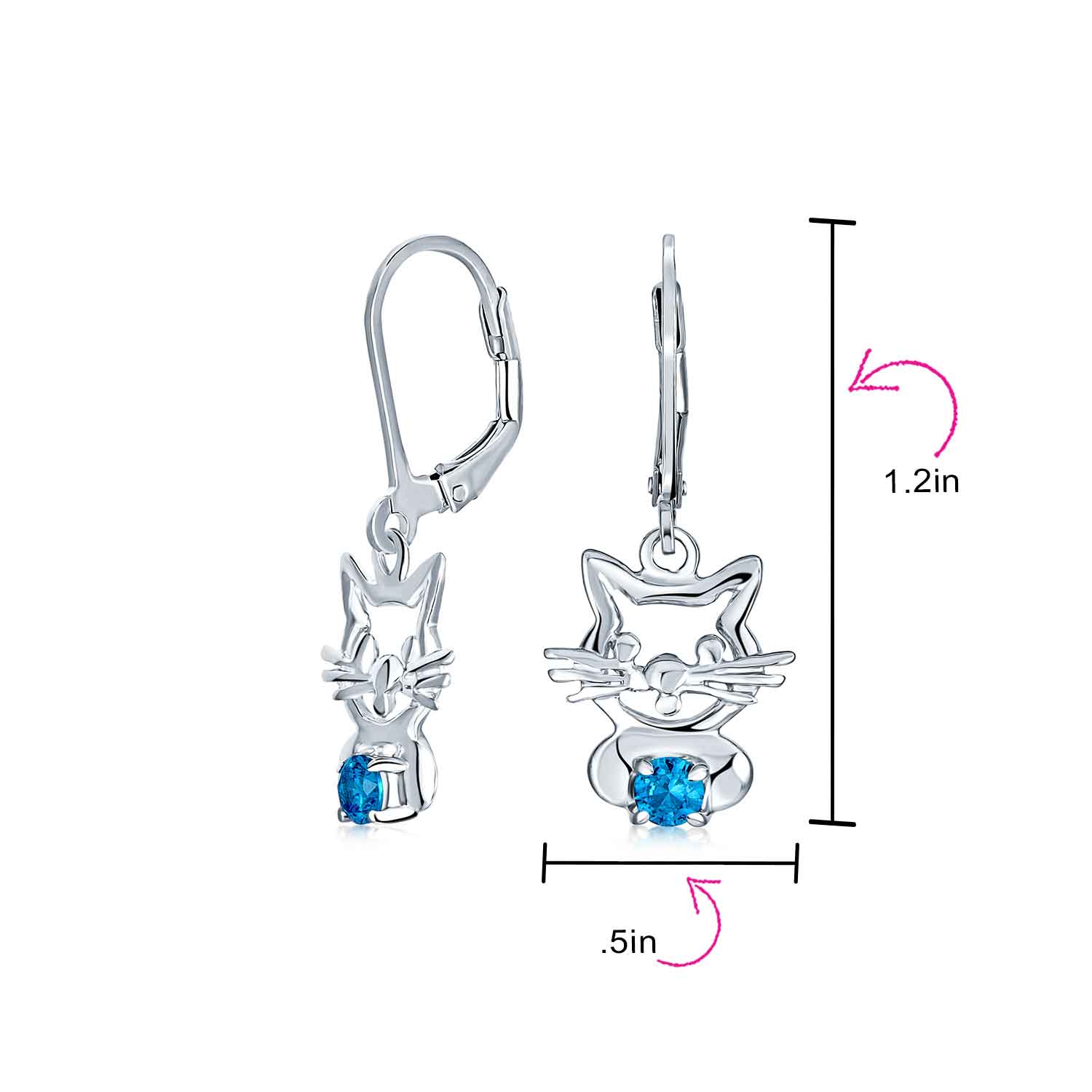 Small Kitty Kitten Animal Pet Blue CZ Accent Dangle Cat Earrings Sterling Silver - Image 7
