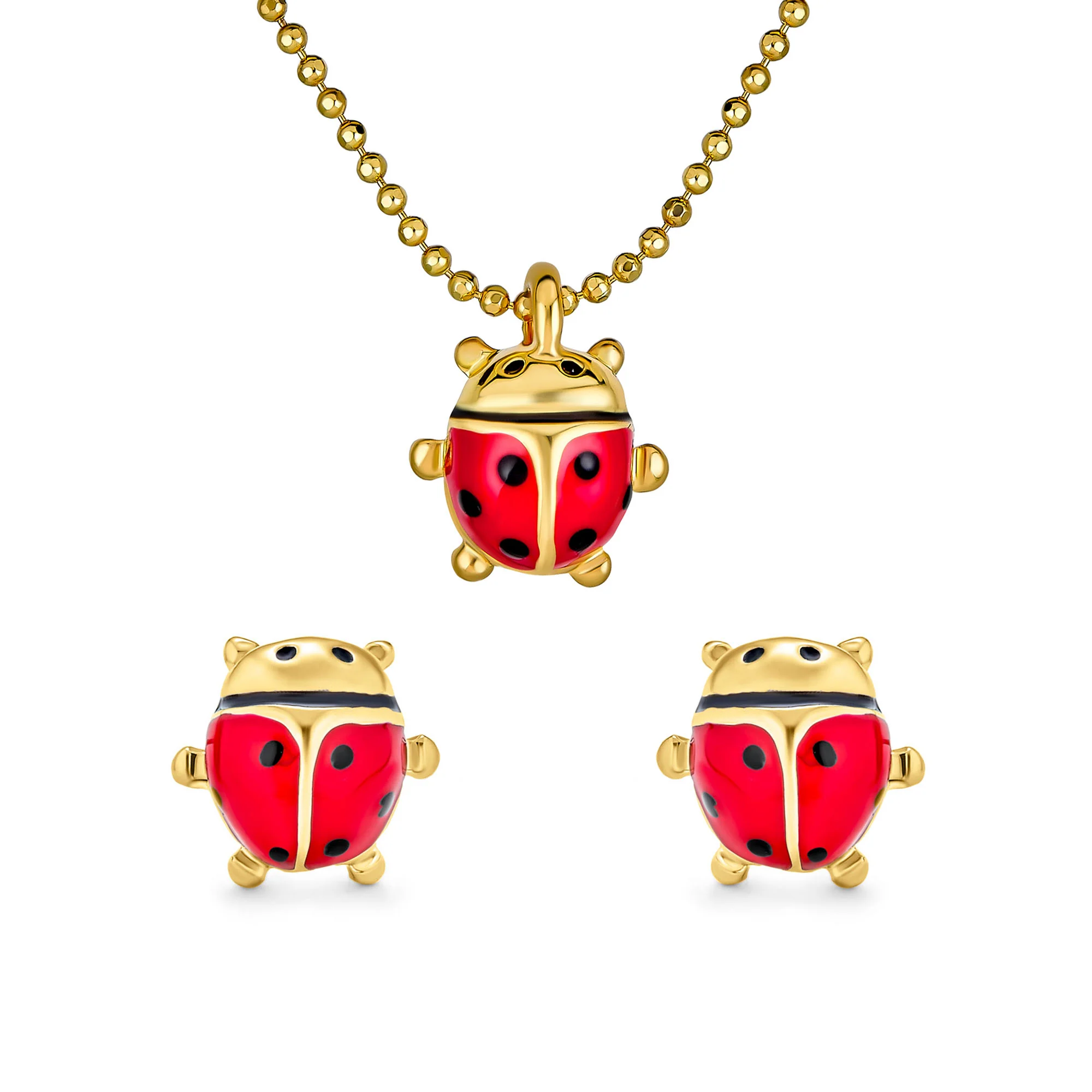Small Red Enamel Ladybug Pendant Necklace Stud Earrings Set - Image 2