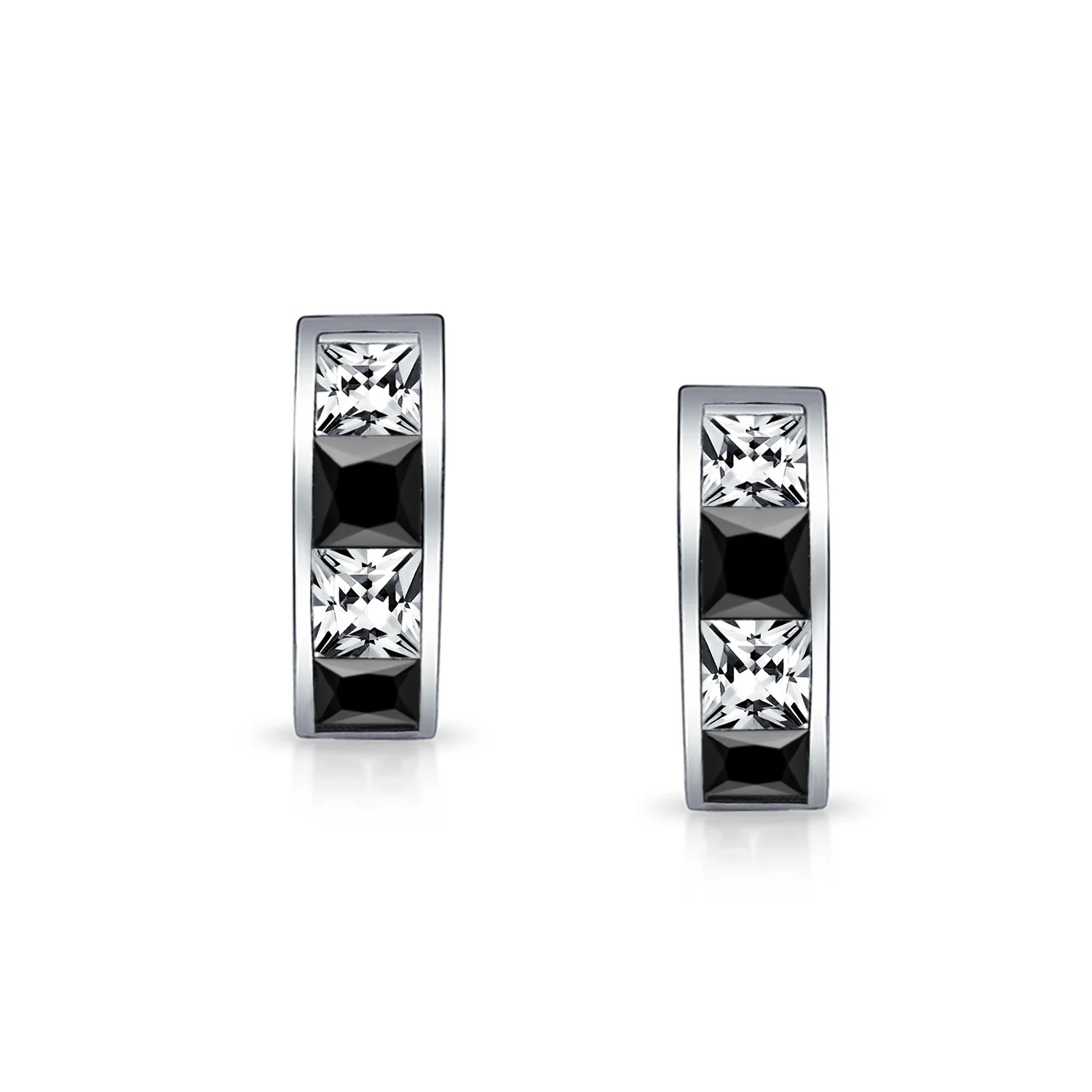 Small Square Black White CZ Hoop Earrings Princess Cut Sterling Silver Men - Image 2