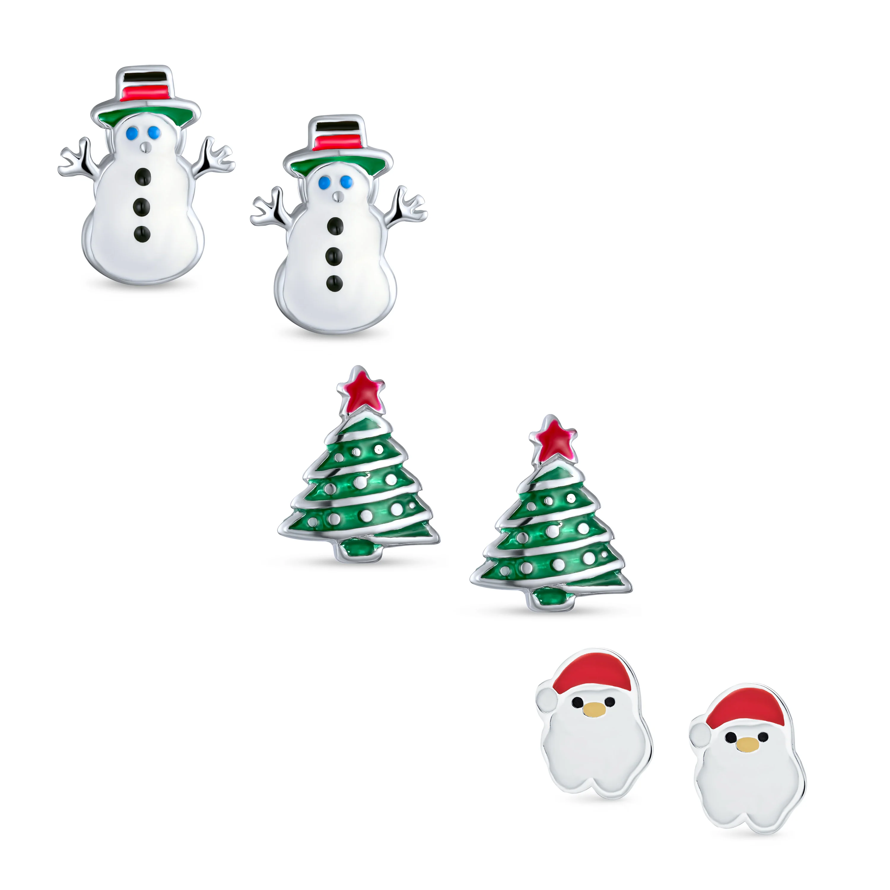 Set of 3 Small Holiday Winter Santa Claus Christmas Tree Snowman Stud Earrings