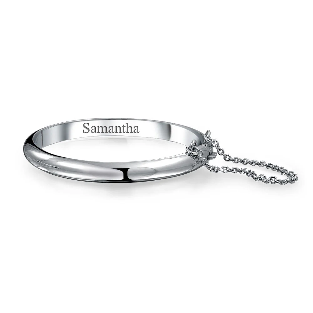 Small Wrist 5" Stackable Dome Bangle Bracelet with Safety Chain, Sterling Silver - Image 3