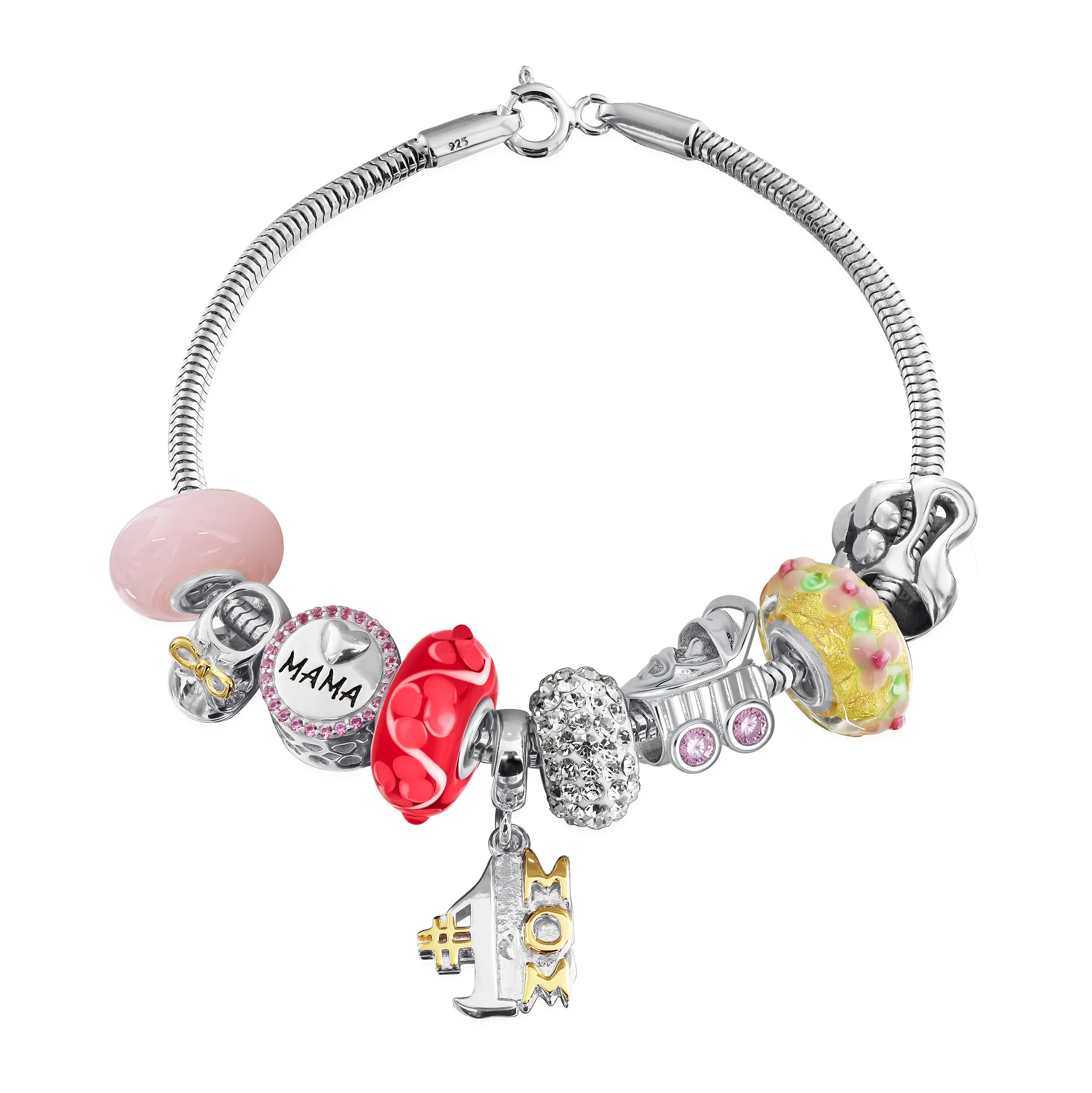 Word #1 Mom Wife Family Cheerleader Grandma Love Charm Bracelet Silver Snake Chain