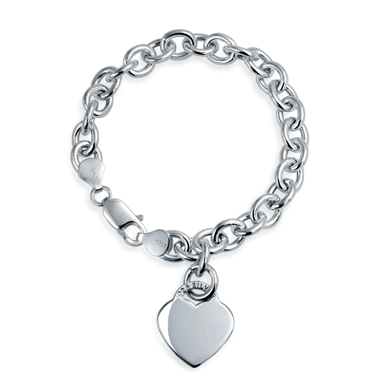 Substantial Solid Romantic Heart Shape Tag Charm Bracelet .925 Sterling Silver 7.5 Inch