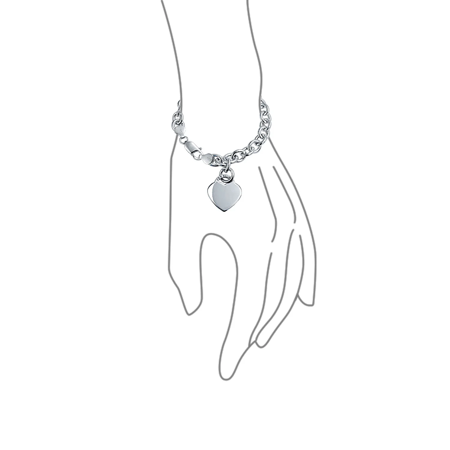 Substantial Solid Romantic Heart Shape Tag Charm Bracelet .925 Sterling Silver 7.5 Inch - Image 3