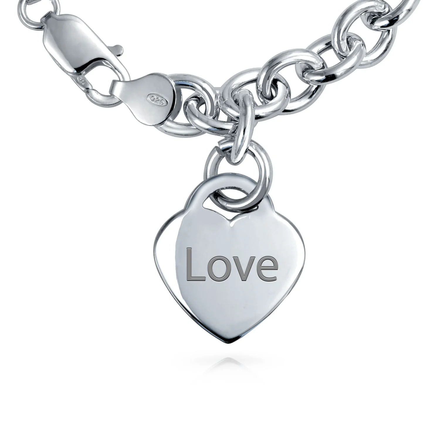 Substantial Solid Romantic Heart Shape Tag Charm Bracelet .925 Sterling Silver 7.5 Inch - Image 4