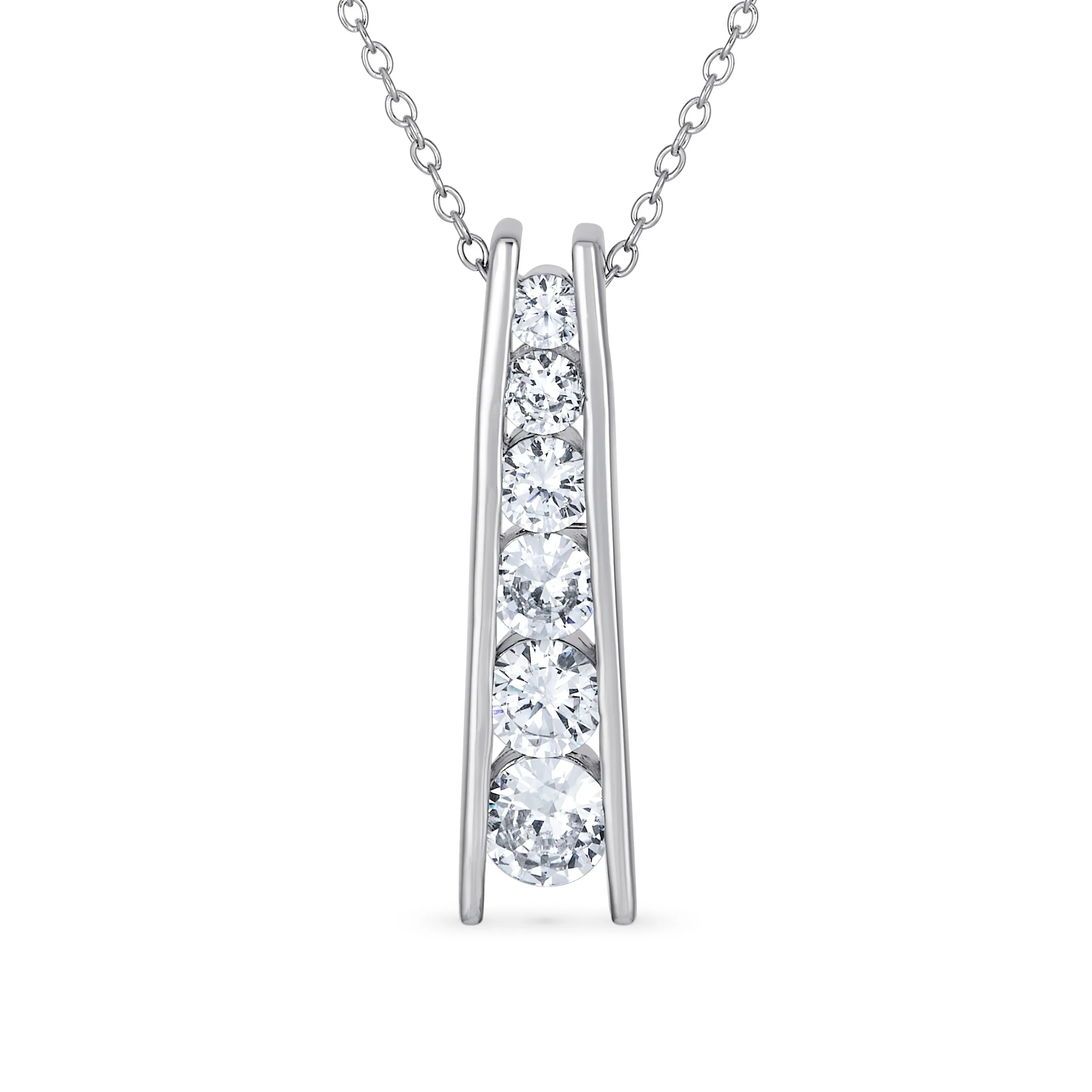 Solitaire CZ Round Graduated Pendant Necklace Sterling Silver Journey Bar Design